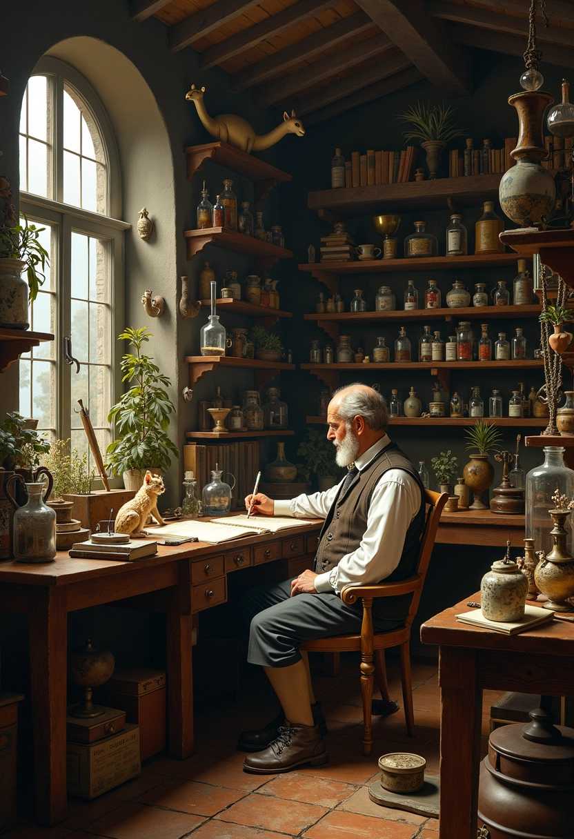 a renassaince painting in the style of the Dutch Masters, the laboratory of a medevial alchemist, with shelves reaching up to the ceiling with all sorts of jars, beakers, stuffed animals, books, plants, chemical apparatus, and other curoisitites.  The alchemist works at his desk, making notes in a very large journal on his desk.  In front of him is a model of a hybrid cheetah woman