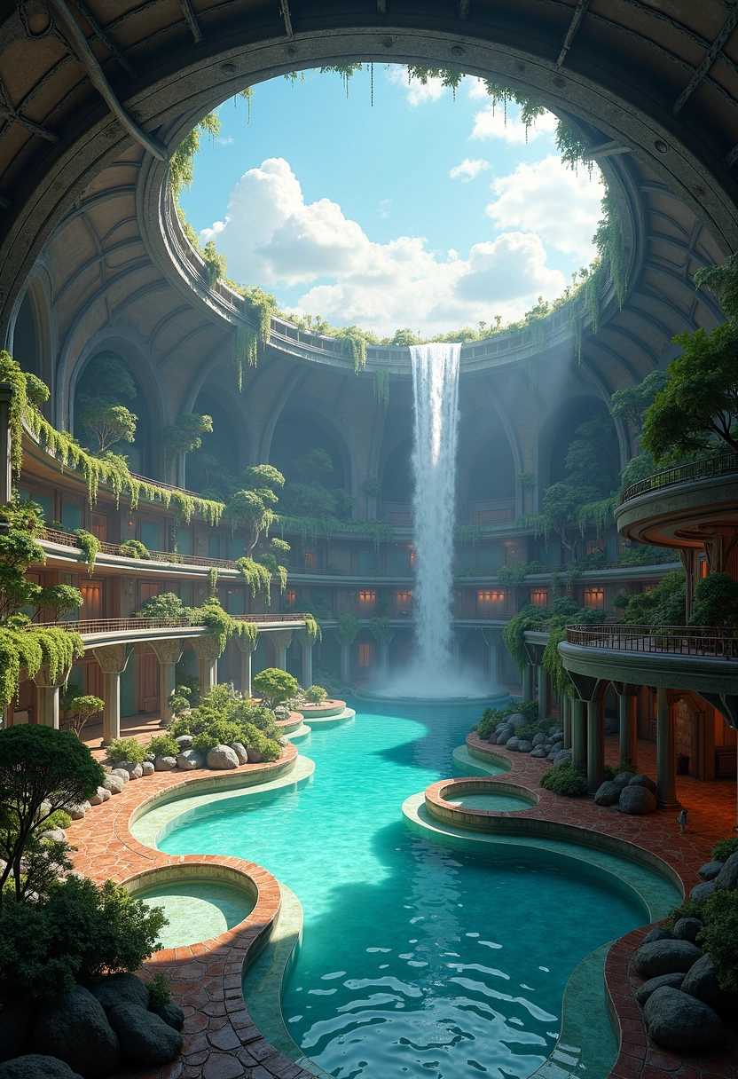 An Architectural Marvel A Grand Waterfall Inside a Colossal Dome