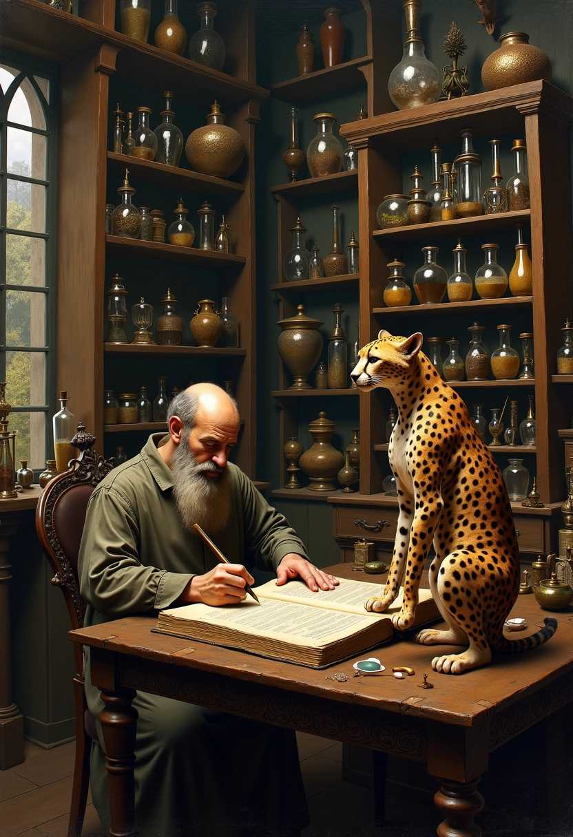 A captivating Renaissance painting in the style of the Dutch Masters, depicting the intricate laboratory of a medieval alchemist. The composition features towering shelves that stretch up to the ceiling, overflowing with an array of jars, beakers, stuffed animals, ancient tomes, exotic plants, and peculiar chemical apparatuses, each meticulously detailed. Soft, warm candlelight casts rich shadows across the room, highlighting the textures of worn wood and glass. The alchemist, a wise-looking figure with a long beard and deep-set eyes, is focused intently at his ornate, cluttered desk, deeply immersed in writing in a very large, aged journal that lays open before him. In front of him, a striking model of a hybrid cheetah woman—a blend of elegance and ferocity—draws the viewer's eye, with intricate fur patterns and human-like features that exude both mystery and allure. The atmosphere is a blend of scholarly pursuit and magical intrigue, with a color palette rich in deep browns, golds, and greens, evoking a sense of wonder and curiosity.
