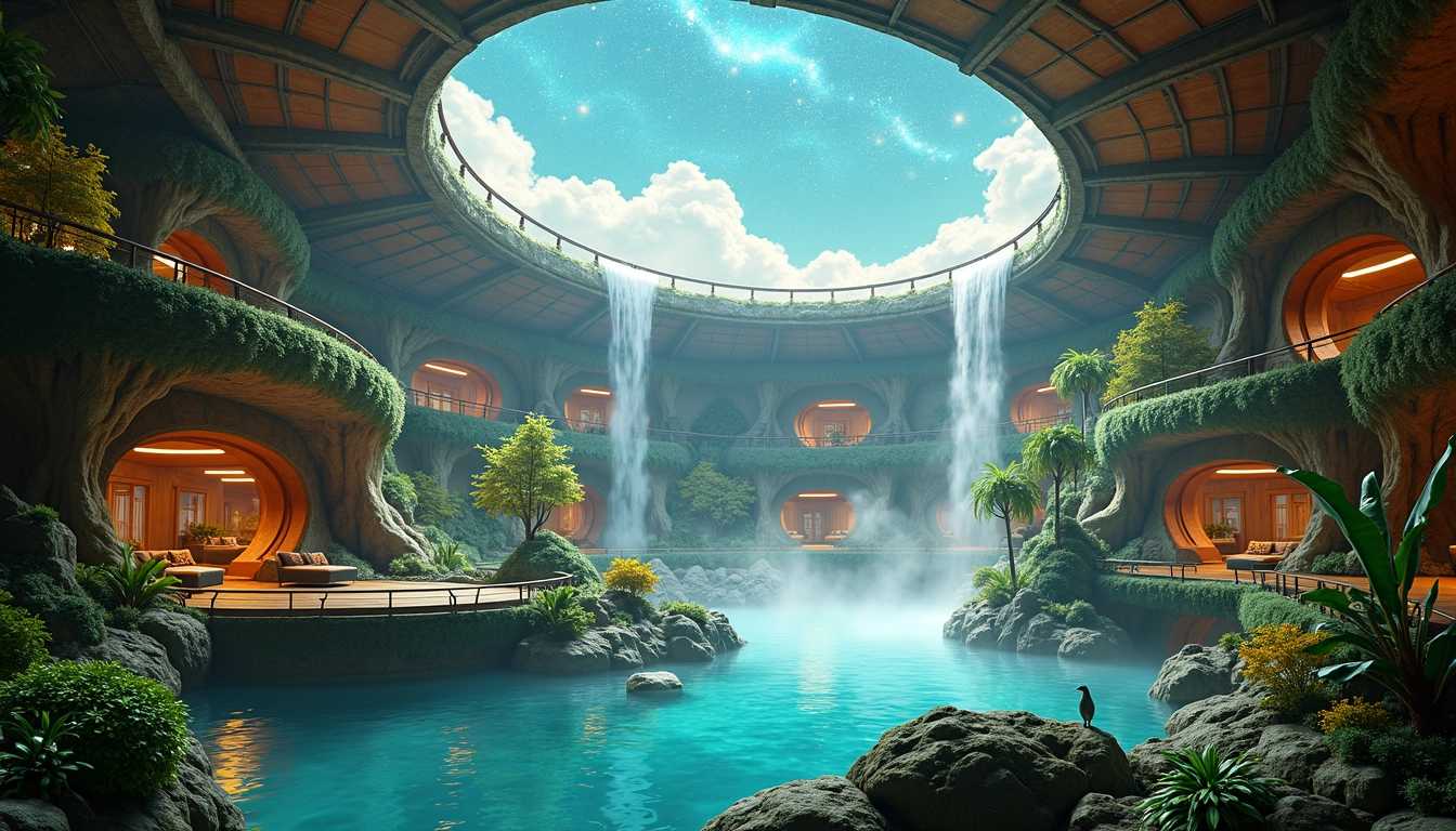A magnificent magical onsen or hot springs resort nestled within the vast confines of an enormous spaceship. The scene features multiple tiers of serene, steaming pools cascading down in gentle waterfalls, each tier surrounded by vibrant, lush plants and exotic trees that create a tropical oasis. The atmosphere is tranquil and inviting, with soft mist rising from the water, reflecting the warm glow of ambient lighting. Above, a grand steel ceiling features a beautifully painted sky, complete with fluffy clouds and twinkling stars, evoking a sense of wonder and tranquility. The intricate design blends futuristic elements with natural beauty, creating a harmonious and enchanting environment. Capture the essence of this otherworldly escape, focusing on the interplay of water, greenery, and the celestial ceiling overhead in a vibrant and dreamlike composition.