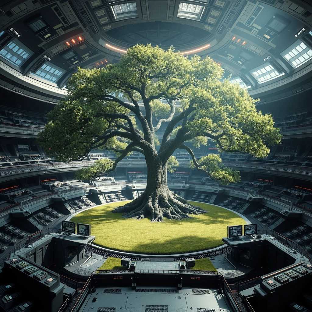 in the center of a giant spaceship, there is a huge amphetheater space.  In the center is an enormous tree, with spreading branches.  Around the tree's base are sophisticated electroinc equipment, like in a nuclear power plant.  there are consoles and control panels, like at mission control, The tree sits on a grassy area on a steel platform.  