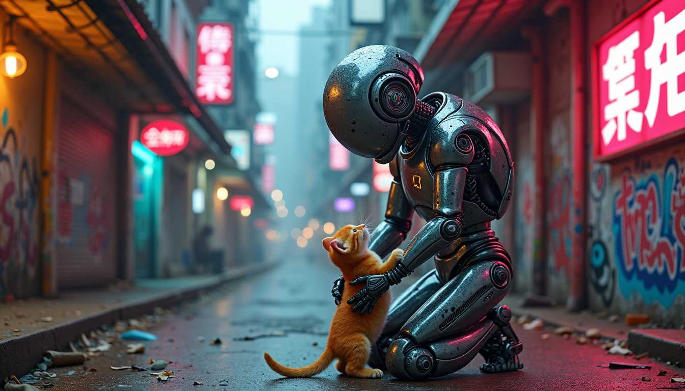 An awe-inspiring futuristic scene of a highly advanced robot adorned with intricate cybernetic details, tenderly picking up a small,lost orange kitten. The robot's metallic body shines under the neon lights of a narrow street, with graffiti-covered buildings and holographic advertisements creating a vivid, dystopian cityscape. The atmosphere is a captivating blend of urban decay and pulsating energy, as the robot's gentle act brings a sense of hope amidst the chaos., graffiti, vibrant