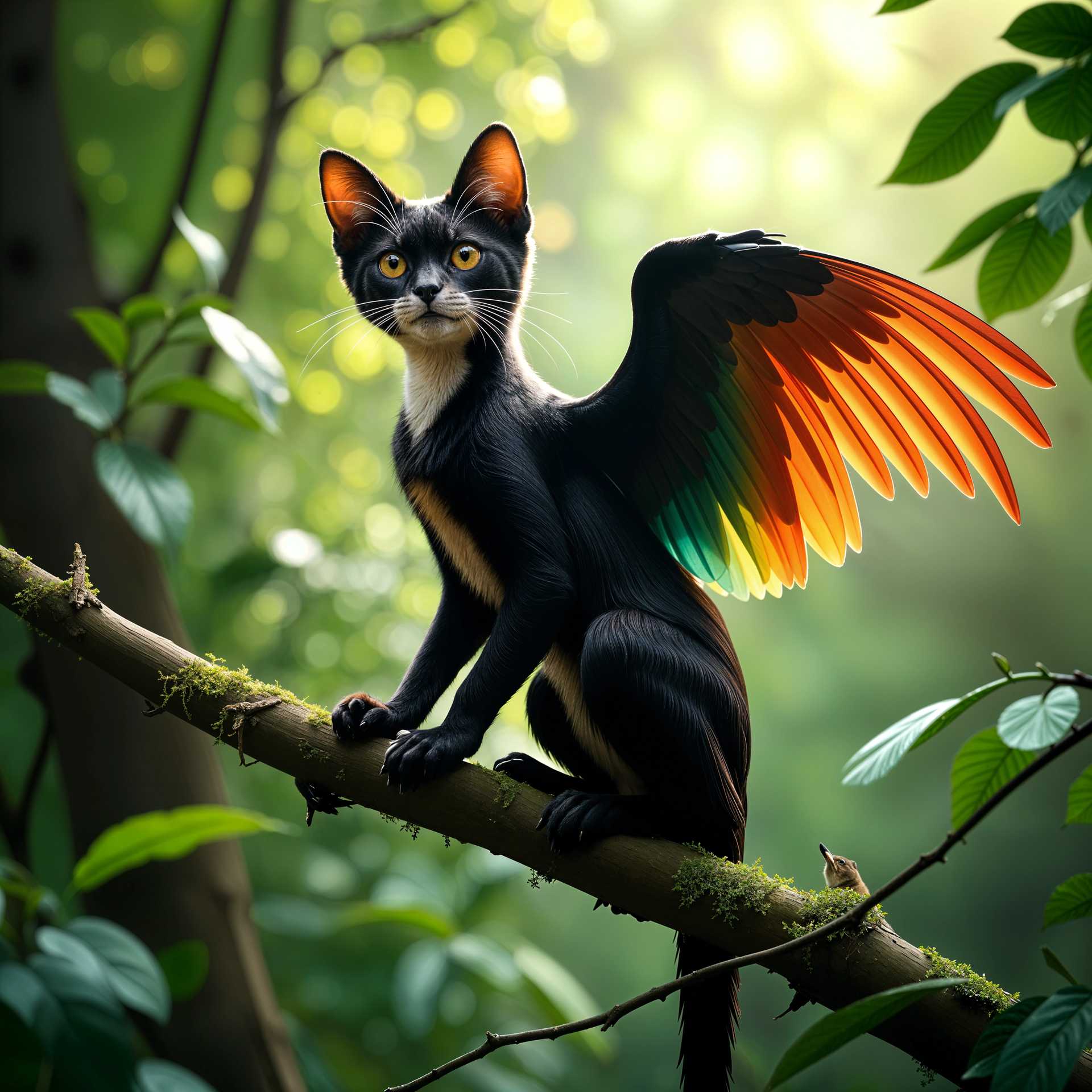 Fantasy Winged Cat Perched on a Mossy Branch in a Sunlit Forest