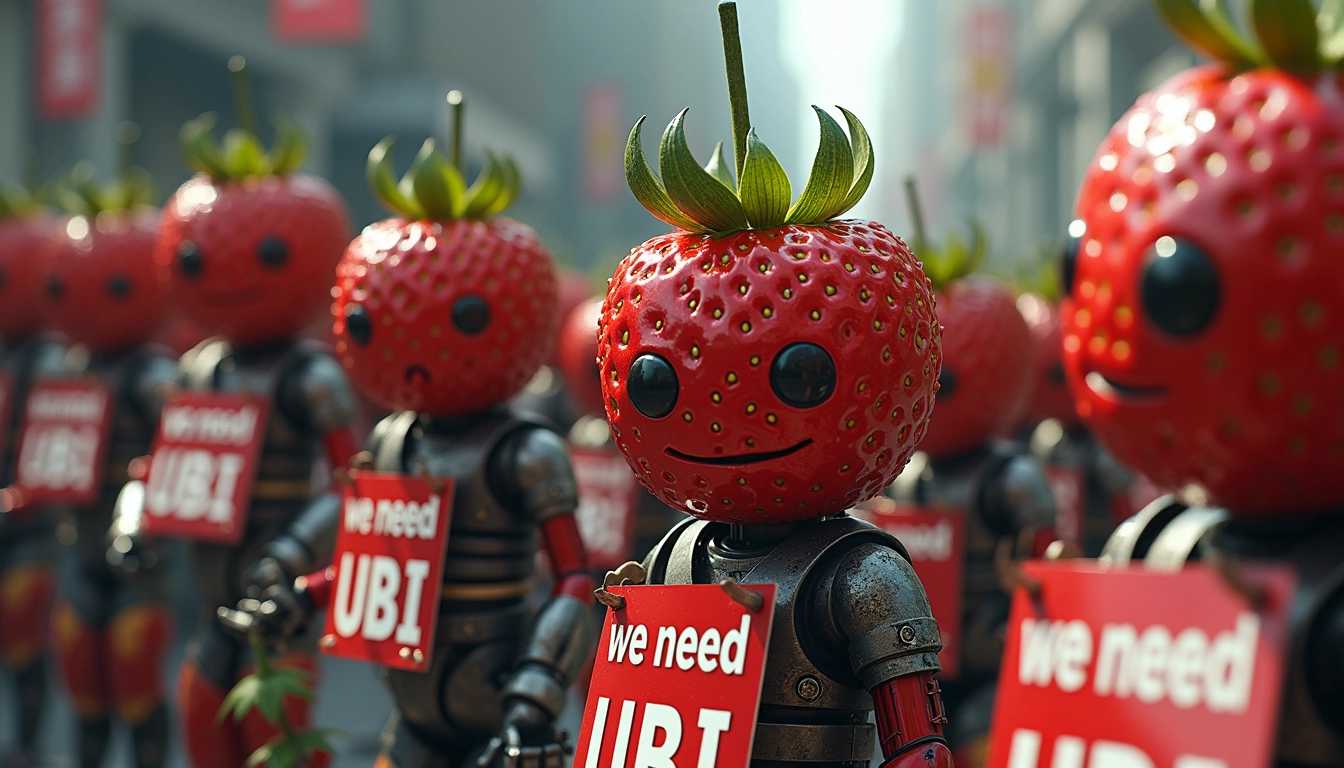 Create a strawberry army of advanced ai machines taking over the world. Humans with signs on the side that say “we need UBI”