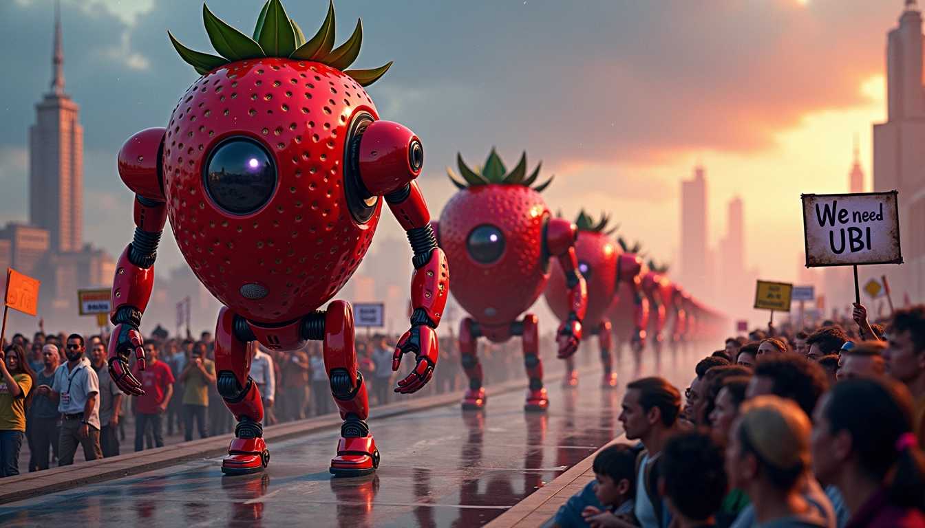 Strawberry Robots March in Protest for UBI, Drawing Crowd of Onlookers