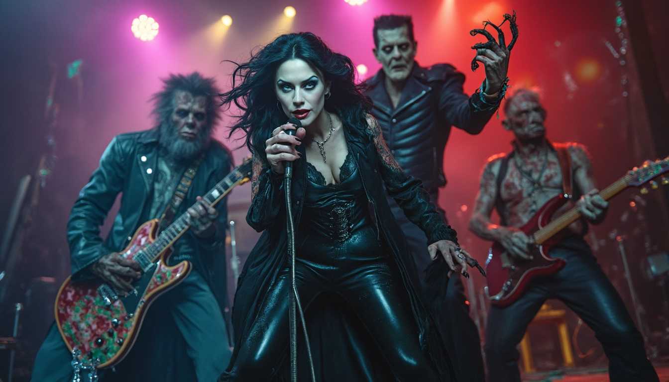 A dynamic rock and roll band featuring iconic monsters from 1960s horror films, set on a lively stage drenched in vibrant colored lights. In the foreground, a charismatic female vampire lead singer, with striking pale skin, long flowing black hair, and a dramatic gothic outfit, passionately grips a vintage microphone. Beside her, a towering Frankenstein, clad in a leather jacket, skillfully plays an electric guitar, his bolts flickering with energy. Behind them, the Wolfman bangs on a massive drum set, his wild fur and sharp fangs exuding raw energy. To the side, a suave Dracula with slicked-back hair stands poised with a bass guitar, his cape flowing dramatically. Completing the band, a disheveled zombie on keyboard, with a greenish pallor and tattered clothing, adds a quirky vibe. The backdrop features a smoky atmosphere with swirling lights and an audience of screaming fans, all adding to the electrifying and playful rock concert mood, channeling both nostalgia and excitement.