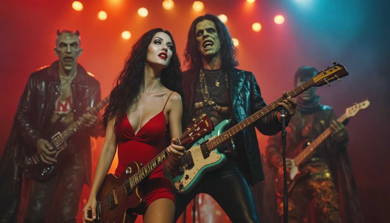 A dynamic rock and roll band featuring iconic monsters from 1960s horror films, set on a lively stage drenched in vibrant colored lights. In the foreground, a charismatic female vampire lead singer, with striking pale skin, long flowing black hair, and wearing a red one piece swimsuit with a plunging neckline, passionately grips a vintage microphone. Beside her, a towering Frankenstein, clad in a leather jacket, skillfully plays an electric guitar, his bolts flickering with energy. Behind them, the Wolfman bangs on a massive drum set, his wild fur and sharp fangs exuding raw energy. To the side, a suave Dracula with slicked-back hair stands poised with a bass guitar, his cape flowing dramatically. Completing the band, a disheveled zombie on keyboard, with a greenish pallor and tattered clothing, adds a quirky vibe. The backdrop features a smoky atmosphere with swirling lights and an audience of screaming fans, all adding to the electrifying and playful rock concert mood, channeling both nostalgia and excitement.