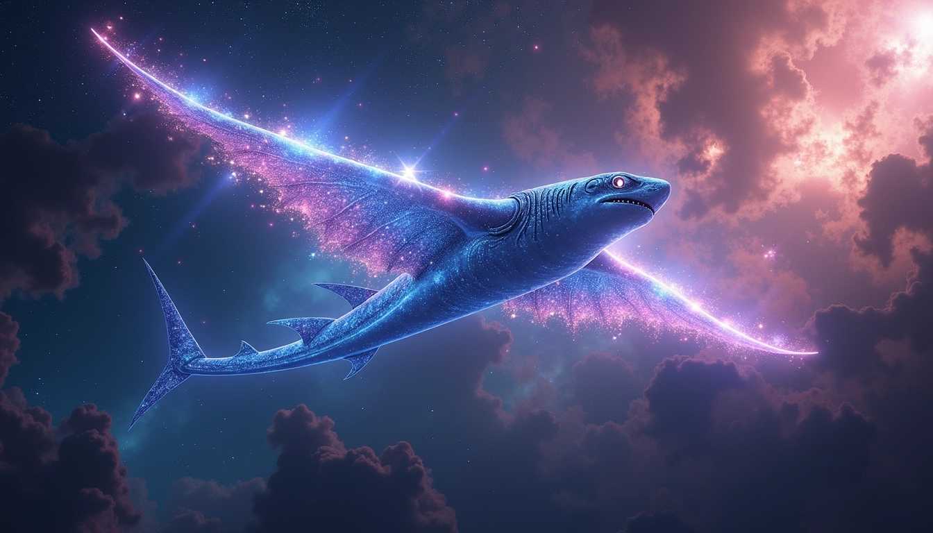 A majestic giant shark-like alien creature, reminiscent of a manta ray, effortlessly gliding through the vast expanse of space. This otherworldly being features luminous, iridescent wings that reflect a stunning spectrum of vibrant colors—deep blues, radiant purples, and bright pinks—creating a mesmerizing display as it moves gracefully among swirling nebulae. The intricate patterns on its body shimmer with ethereal light, enhanced by the backdrop of distant galaxies, each dotted with billions of twinkling stars. Surrounding the creature, wisps of cosmic clouds drift lazily, adding depth to the scene and contributing to a dreamlike atmosphere illuminated by soft celestial light. The composition emphasizes the elegance and grandeur of this alien creature, capturing its fluid motion through the infinite cosmos, eliciting a sense of wonder and tranquility that permeates the entire image. The overall mood is a beautiful blend of cosmic majesty and serene mystery, inviting the viewer to explore the depths of the universe alongside this magnificent being.