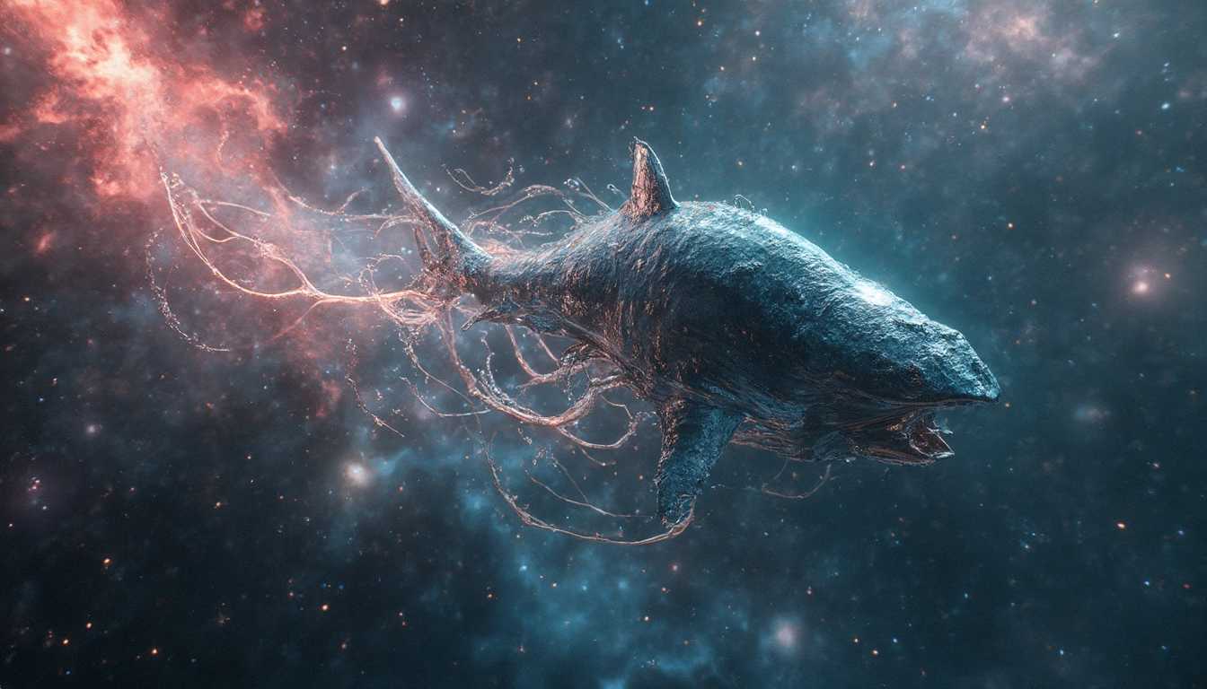 A colossal alien creature gliding gracefully through the depths of space, embodying a mesmerizing fusion of a shark and a jellyfish. Its sleek, streamlined body resembles that of a shark, covered in iridescent scales that shimmer in hues of deep blues and purples, reflecting the light of distant stars. Flowing, ethereal jellyfish-like tentacles trail behind it, luminescent and translucent, pulsating gently with vibrant colors that mimic the swirling patterns of bright nebulae. The backdrop is a breathtaking cosmic vista, filled with swirling galaxies, vibrant nebulae in shades of pink and orange, and sparkling star clusters, creating a surreal and awe-inspiring atmosphere. Soft, ethereal light bathes the scene, imbuing it with a sense of tranquility and wonder, capturing the vastness of space and the majesty of this otherworldly creature in its serene journey through the cosmos.