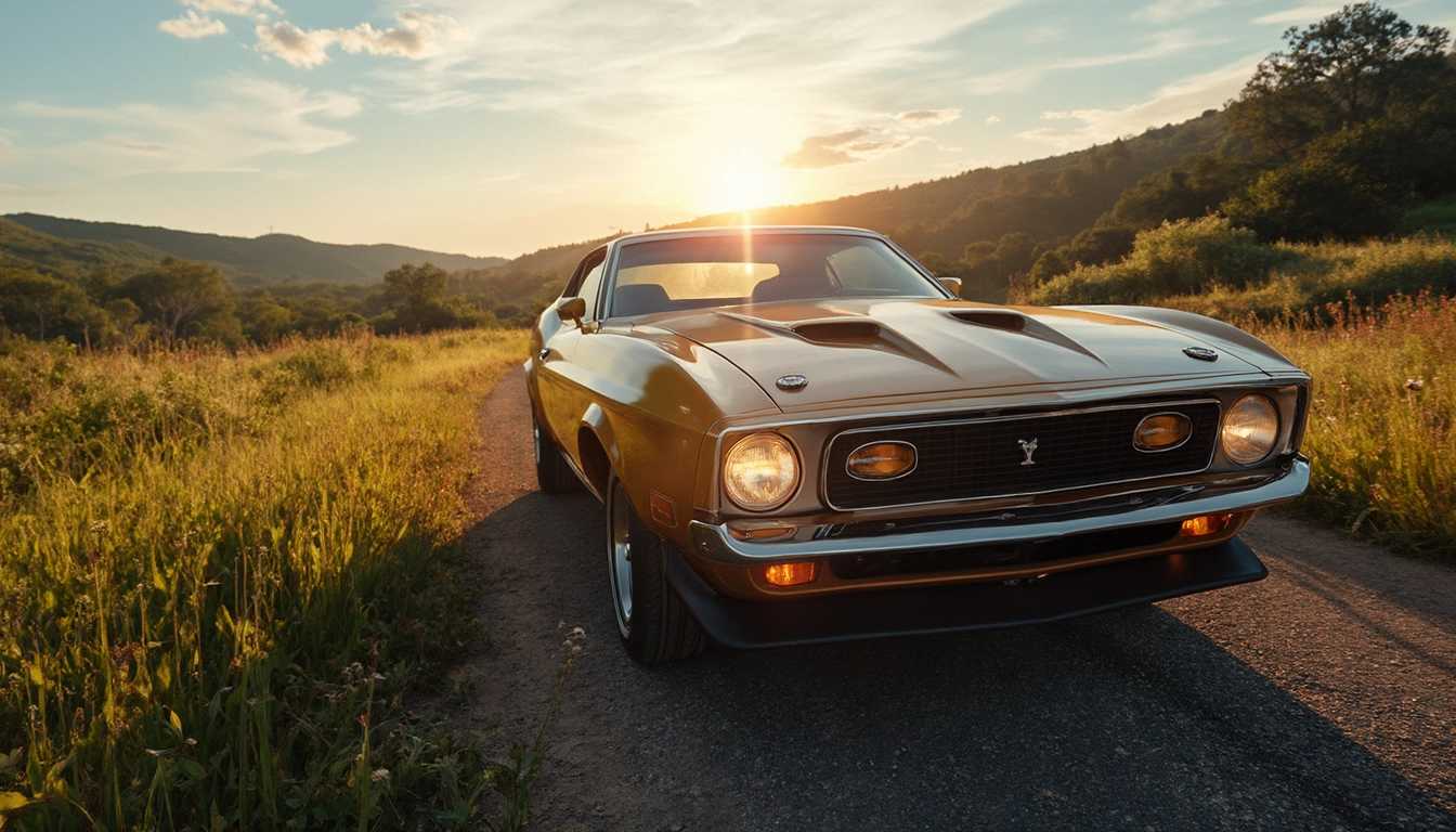 A stunning 1972 Ford Mustang Mach 1 in a vibrant gold finish, capturing the essence of classic American muscle cars. The vehicle is dynamically driving down a picturesque country road, flanked by lush green meadows and wildflowers swaying gently in the breeze. The sun is setting on the horizon, casting a warm golden light that reflects off the car's glossy surface, enhancing its iconic curves and aggressive stance. The background features a clear blue sky with a few wispy clouds, while distant hills provide depth to the scene. The composition captures the spirit of freedom and adventure, evoking a nostalgic, 1970s vibe, with a lens flare effect subtly highlighting the car’s chrome details and emphasizing the harmonious blend of nature and automotive power.
