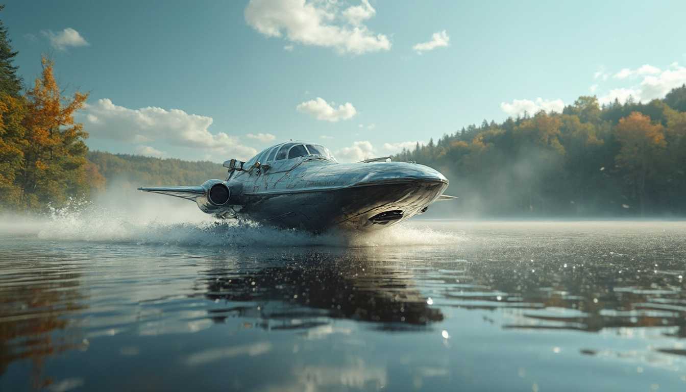 A small, sleek spaceship with a futuristic, aerodynamic design crash-lands into a serene lake in New Hampshire. The spaceship's metallic surface gleams in the sunlight, but smoke billows ominously from its engines, creating a stark contrast against the clear blue sky. Surrounding the lake, lush, green trees reflect in the water, their vibrant colors enhanced by the early morning light. A few splashes of water erupt around the stricken vessel, sending ripples across the lake’s surface. The scene captures the tense moment of impact, evoking a mix of excitement and mystery. The atmosphere is charged with a sense of urgency, the tranquil landscape disrupted by the otherworldly event. Use a high-detail, cinematic style with an emphasis on realism and dramatic lighting to enhance the mood of the scene.