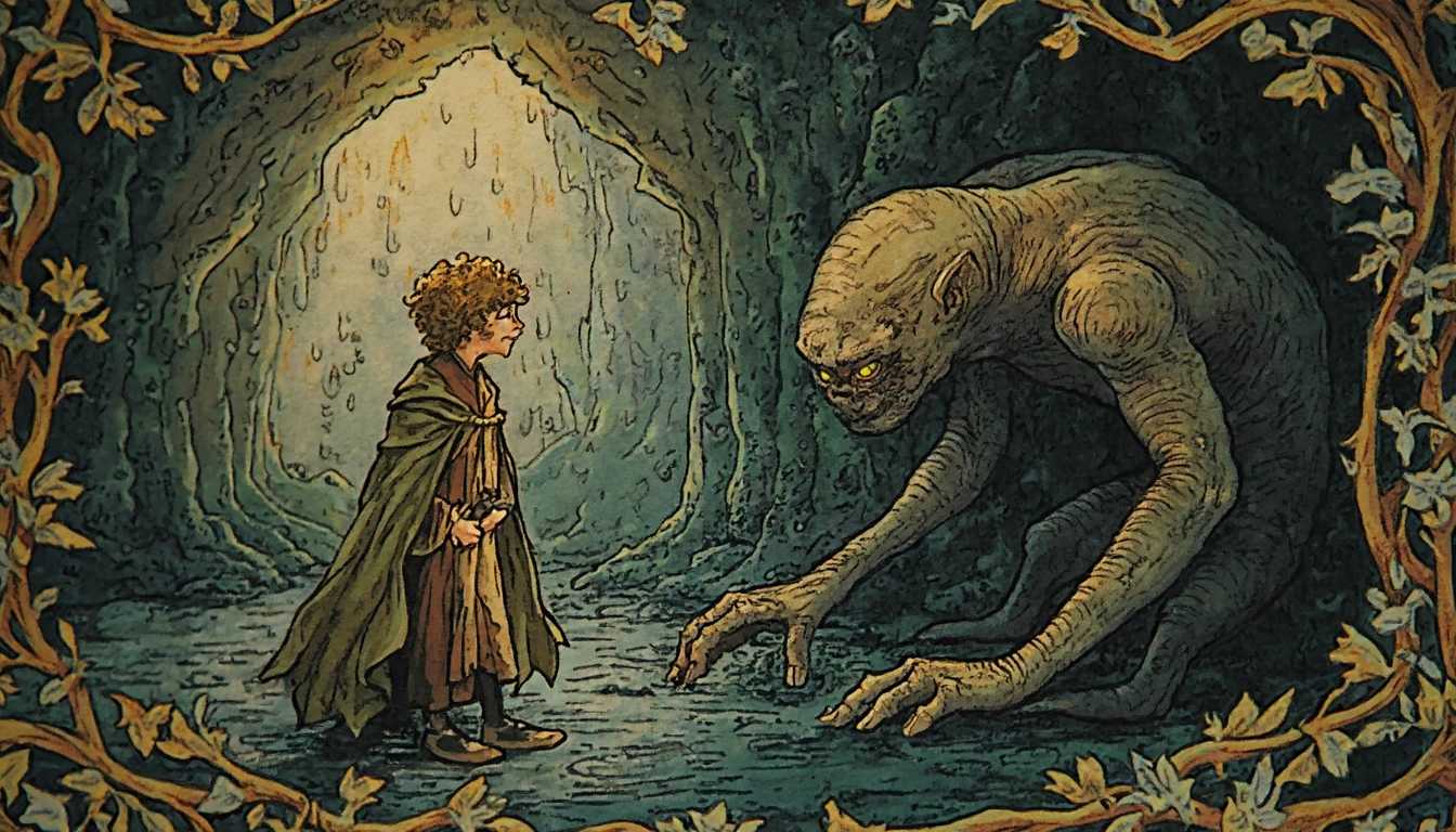 A richly detailed medieval tapestry depicting the moment of the meeting between Bilbo Baggins and Gollum deep within the shadowy caves of the Misty Mountains. The scene is framed by intricate vine and foliage patterns, reflecting the natural surroundings. In the center, Bilbo, a diminutive hobbit with curly hair and wearing a simple, rustic cloak, stands cautiously with wide eyes, clutching his trusty sword Sting. Gollum, a gaunt and eerie creature with large, bulging eyes and a twisted expression, crouches menacingly in a pool of dark water, his gnarled fingers extending greedily toward Bilbo. The cave walls are adorned with shimmering crystals and dark, damp textures, enhancing the atmospheric tension. Soft, golden light filters through gaps in the rock above, casting ethereal shadows and illuminating the intense expressions on their faces. The color palette is deep and moody, with rich greens, blues, and browns, evoking a sense of mystery and unease, reminiscent of classic medieval artistry. Overall, the tapestry captures the essence of suspense and the fantastical elements of Tolkien's world.