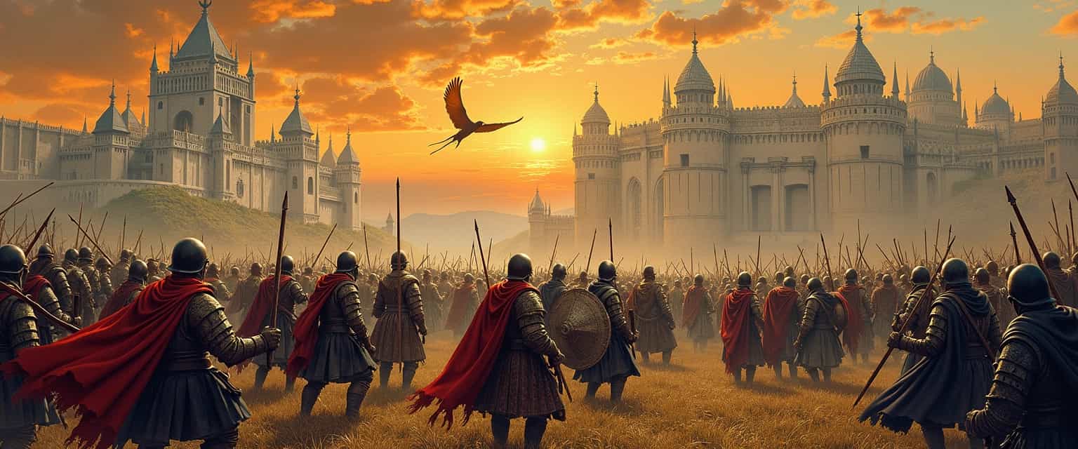 Armies March Toward a Majestic Castle at Sunset