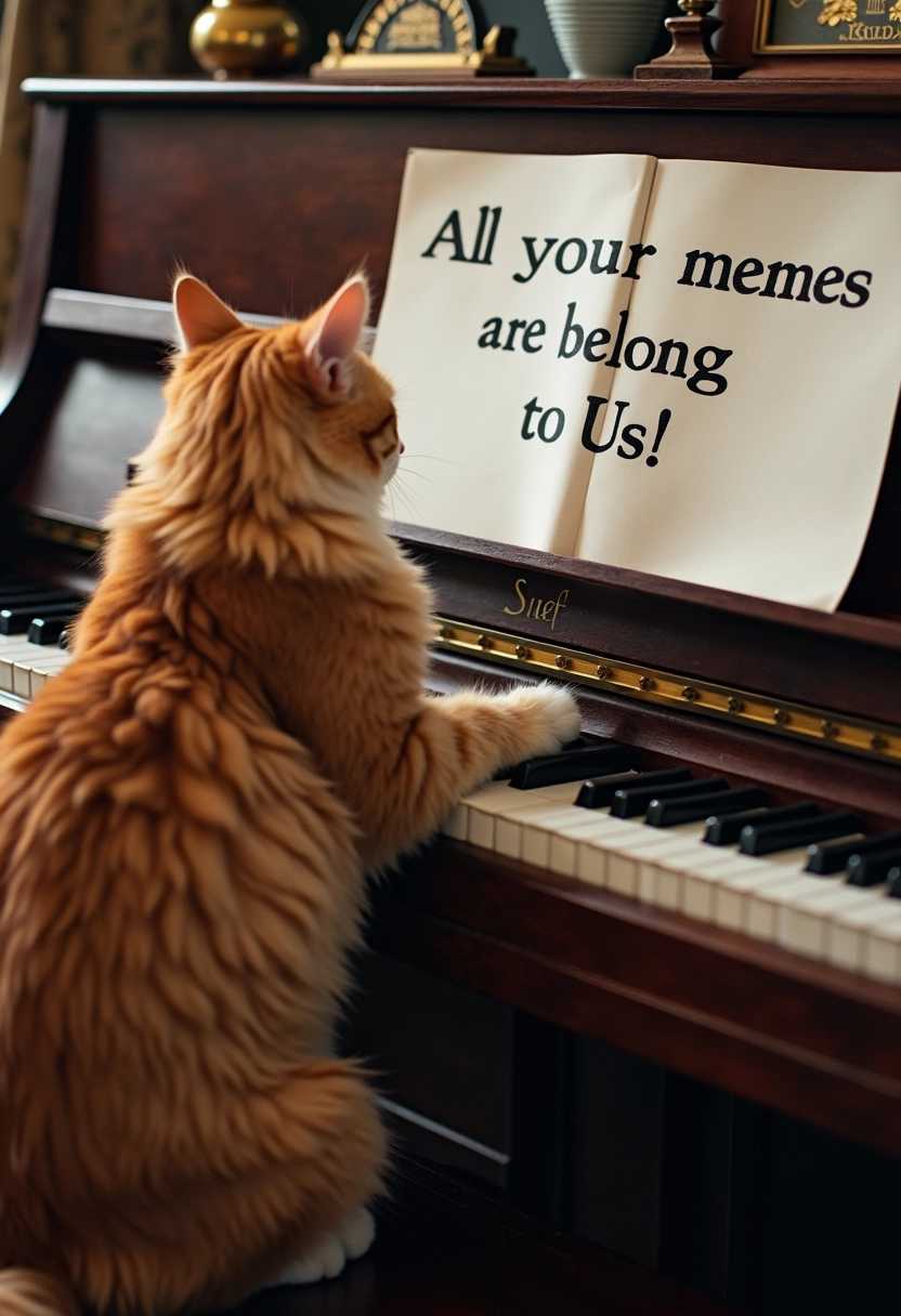 a cat playing a piano. On the piano, the sheet of paper on the piano reads "All your memes are belong to Us!"