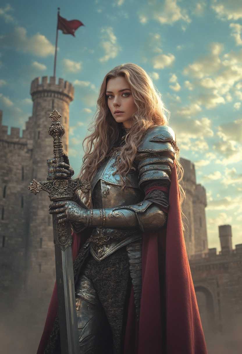 A striking portrait of a fierce medieval princess standing valiantly in front of a grand castle. She is clad in intricately designed armor with ornate detailing, glinting in the sunlight, showcasing both beauty and strength. Her long, flowing hair cascades over her shoulders, contrasting with the metallic sheen of her armor. In one hand, she firmly grips a beautifully crafted sword, the blade reflecting a hint of brilliance, adorned with elegant engravings. The castle behind her looms impressively, with tall stone towers, battlements, and flags fluttering in the wind, emphasizing the regal atmosphere. The sky above is a dramatic mix of deep blues and soft clouds, creating a sense of impending adventure. The overall mood is one of determination and courage, capturing the essence of a warrior princess ready to defend her realm. The composition highlights her powerful stance against the backdrop of medieval architecture, establishing a captivating visual narrative.