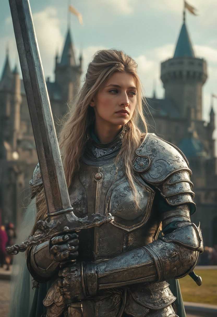 A striking portrait of a fierce medieval princess standing valiantly in front of a grand castle. She is clad in intricately designed armor with ornate detailing, glinting in the sunlight, showcasing both beauty and strength. Her long, flowing hair cascades over her shoulders, contrasting with the metallic sheen of her armor. In one hand, she firmly grips a beautifully crafted sword, the blade reflecting a hint of brilliance, adorned with elegant engravings. The castle behind her looms impressively, with tall stone towers, battlements, and flags fluttering in the wind, emphasizing the regal atmosphere. The sky above is a dramatic mix of deep blues and soft clouds, creating a sense of impending adventure. The overall mood is one of determination and courage, capturing the essence of a warrior princess ready to defend her realm. The composition highlights her powerful stance against the backdrop of medieval architecture, establishing a captivating visual narrative.
