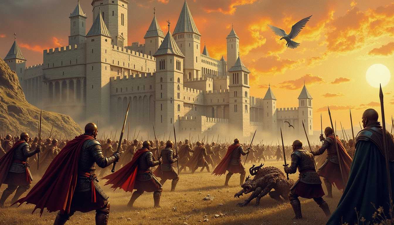 Create a richly detailed medieval tapestry illustrating the epic Battle of Gondor. In the background, depict the majestic city of Gondor with its towering white walls, intricate towers, and the iconic silhouette of Minas Tirith, all bathed in the warm golden light of a setting sun. In the foreground, illustrate the chaos of battle, with fierce human soldiers clad in ornate armor wielding swords and shields, valiantly confronting a horde of menacing orcs, grotesque in their twisted forms. Among them, include terrifying Nazgul, cloaked in dark, flowing robes, their fearsome presence heightened by shadowy, winged beasts soaring overhead. Vibrant colors should accentuate the drama of the scene, evoking a sense of urgency and valor, while the finely woven textures give an authentic tapestry feel. The overall mood should convey tension and heroism, capturing the struggle for Gondor’s survival amidst a backdrop of architectural grandeur.