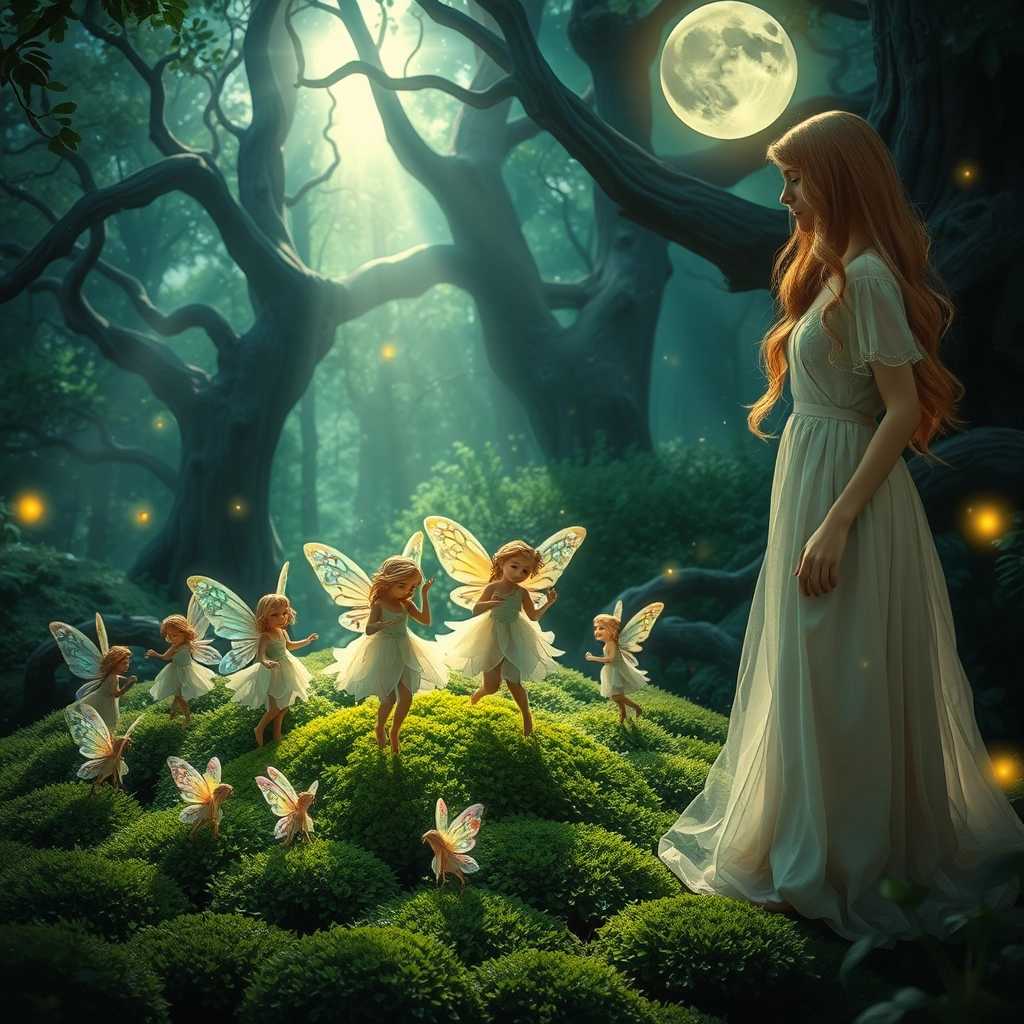 A whimsical scene unfolds in a lush, enchanted forest illuminated by soft, dappled moonlight filtering through the leaves. In the foreground, delicate tiny woodland fairies with iridescent wings, sparkling in shades of pastel, dance joyfully in a perfect circle on a carpet of vibrant green moss, their laughter almost audible. The fairies are adorned with flower petal outfits that shimmer with dewdrops, emphasizing their mystical nature. 

Standing nearby, a graceful woman of normal size, wearing a flowing, ethereal nightgown made of translucent fabric, gazes in delight at the enchanting spectacle. Her long hair cascades in soft waves around her shoulders, catching the moonlight and casting a gentle glow. The background features ancient trees with twisted trunks and glowing fireflies, creating a magical atmosphere. The overall mood is one of wonder and serenity, capturing the charm of a dreamlike woodland gathering. The color palette is rich yet soft, combining deep greens and blues with splashes of luminescent colors from the fairies’ wings.