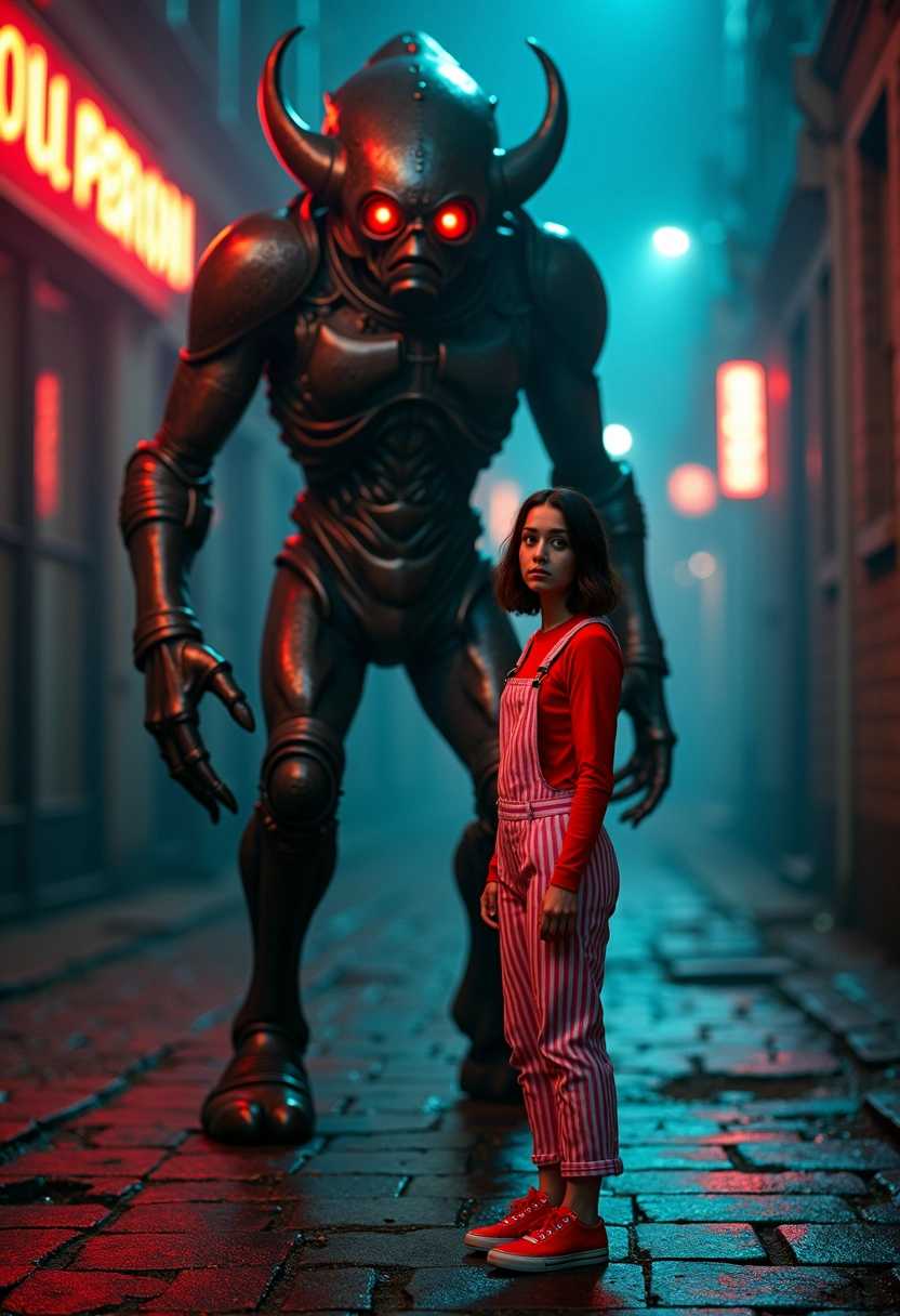 A dramatic sci-fi scene set in a dark, atmospheric alleyway, illuminated by eerie, flickering neon lights reflecting off wet cobblestones. In the foreground, a menacing Dakek from Doctor Who looms large, its metallic body glistening ominously, with glowing red eyes that pierce through the shadows. Opposite the creature stands a short 30 year old woman with a defiant expression, her shoulder length brown hair framing her face. She's clad in playful pink striped overalls layered over a bright red long-sleeve shirt, and her matching red sneakers add a pop of color to the grim setting. The tension between the two figures creates a striking contrast: the fearsome alien and the determined woman are captured in a low-angle shot that emphasizes their differences in size and power, with dramatic lighting enhancing the suspenseful mood of the confrontation.