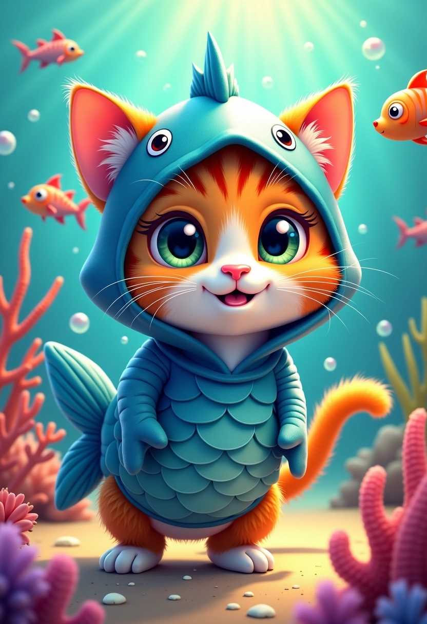 A whimsical and colorful illustration of a playful cat dressed up like a fish. The cat has vibrant fur with shades of orange and white, adorned in a shiny, metallic blue fish costume that shimmers with scales. Its big, expressive eyes peek out from the costume, exuding curiosity and mischief. The background is a lively underwater scene, complete with coral reefs, bubbles, and playful fish swimming around. The composition is lively and dynamic, with a warm, cheerful mood that captures the fun and humor of the situation. The lighting is bright and playful, adding to the overall whimsical atmosphere of the piece.