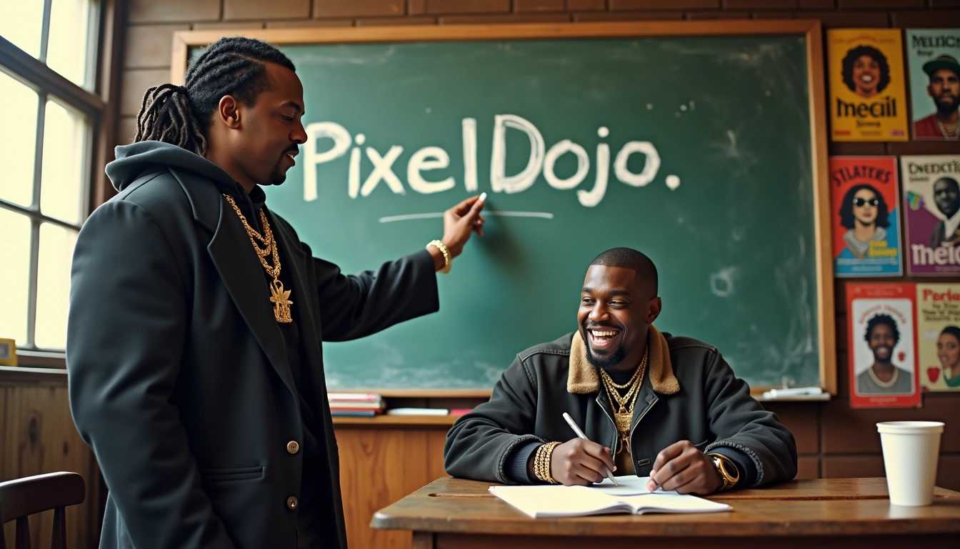 A vibrant classroom scene where Jay Z with shoulder length dreads tied back in a stylish black suit, a charismatic figure with a confident demeanor, is energetically teaching Kanye West, a keen and focused student, how to rap. Jay Z stands at an old wooden chalkboard, clad in a stylish black hoodie and gold chains, passionately pointing to the words "PixelDojo" scrawled in bold white chalk. The classroom is filled with colorful posters of hip-hop legends on the walls, and sunlight streams in through large windows, casting a warm glow on the room. Kanye, sitting at a vintage desk, wears a casual outfit with dark jeans and a signature oversized jacket, grinning as he scribbles notes, showcasing an expression of excitement and inspiration. The mood is lively and creative, encapsulating the joy of learning and collaboration in music. The overall composition captures the dynamic relationship between the two artists, emphasizing their passion for hip-hop and the sharing of knowledge.