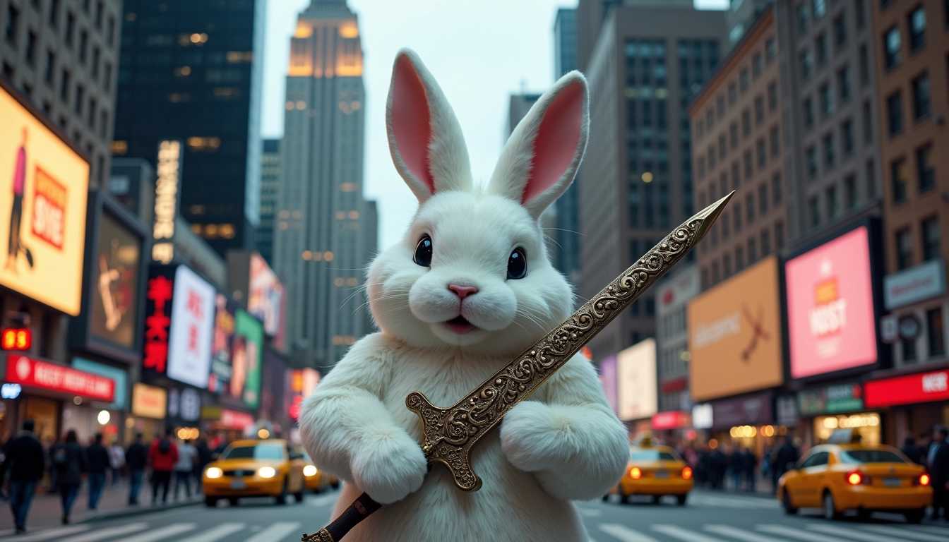 Un gigantesque lapin anthropomorphe, avec des poils doux et soyeux d'une teinte blanche éclatante, se tient fièrement au centre d'une rue animée de New York. Sa stature imposante le rend presque héroïque, tandis qu'il brandit avec confiance une épée ornée de motifs complexes. Les buildings emblématiques de la ville, tels que l'Empire State Building, se dressent en arrière-plan, illuminés par des néons colorés et des panneaux publicitaires. La scène est animée, avec des passants ébahis et des taxis jaunes bourdonnant autour. Le ciel est légèrement nuageux, ajoutant une ambiance dramatique à la prise de vue. La composition met en avant la juxtaposition entre l'absurde du lapin armé et l'énergie urbaine, créant un contraste visuel captivant. L'éclairage souligne les traits du lapin, accentuant la brillance de son arme et les couleurs variées de la ville.