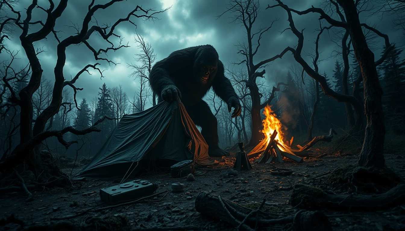 A haunting forest scene inspired by the eerie atmosphere of "The Blair Witch Project." The composition features a dense, mist-shrouded woods with gnarled trees, their twisted branches reaching out like skeletal fingers. In the foreground, a weathered, abandoned campsite with a tattered tent, scattered gear rusting in the damp ground, and a dimly glowing campfire casting flickering shadows. An unsettling sense of isolation and foreboding fills the air as ethereal, ghostly wisps of mist curl through the underbrush. The sky above is dark and overcast, with heavy clouds threatening rain, enhancing the ominous mood. The color palette is cool and muted, featuring shades of gray, mossy green, and hints of deep, dark brown. The visual style is cinematic and atmospheric, evoking a sense of dread and mystery, reminiscent of a found footage horror film.