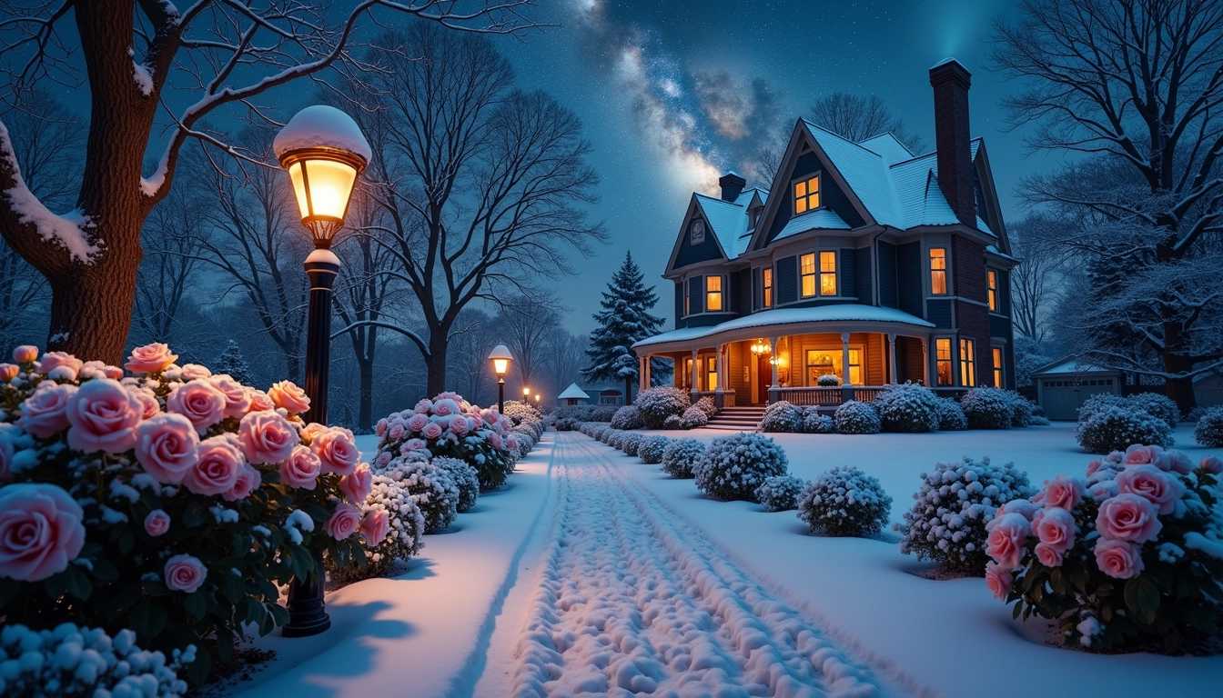 A serene winter garden at night, featuring two elegant rose bushes delicately sprinkled with fresh snow, their petals slightly bowed under the weight. In the foreground, a picturesque snowy alley lined with vintage gas lamps flickers softly, casting a warm, inviting glow. The path meanders towards a stunning Victorian-style house, its windows aglow with golden light spilling outwards, illuminating the surrounding snow-covered landscape. A charming chimney puffs gentle wisps of smoke into the crisp night air, adding a cozy atmosphere. Above, the sky is a breathtaking canvas of stars, with the Milky Way stretching across, its luminous core shimmering against the deep indigo night. The scene exudes a tranquil, enchanting mood, perfect for evoking a sense of wonder and nostalgia.