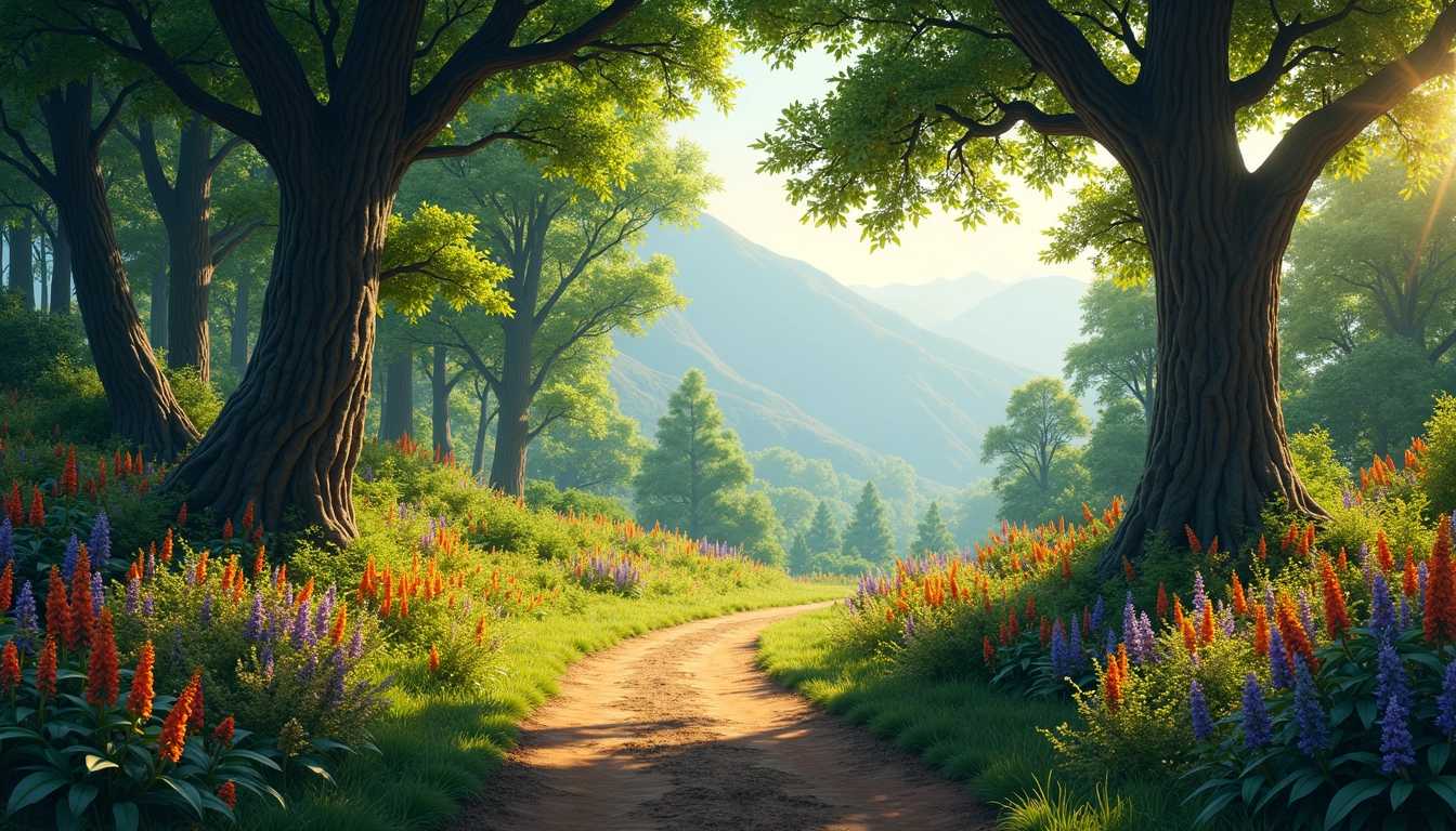 Create a lush, verdant forest scene with a winding dirt path meandering through the foliage. The path should be bordered on both sides by an abundance of colorful wildflowers, featuring hues of bright orange, deep red, and purple. Towering trees with rich green canopies should line the trail, their trunks varying in height and thickness, and some with intricate patterns. Sunlight filters through the leaves, casting dynamic dappled shadows on the trail. The light should create a gradient effect, transitioning from a warm golden glow near the path to cooler, more subdued tones in the background. The distant backdrop should showcase a mountain range with misty peaks, adding depth and a sense of grandeur to the landscape. The overall atmosphere should be serene and enchanting, inviting the viewer to imagine the sounds of rustling leaves and the gentle hum of insects.