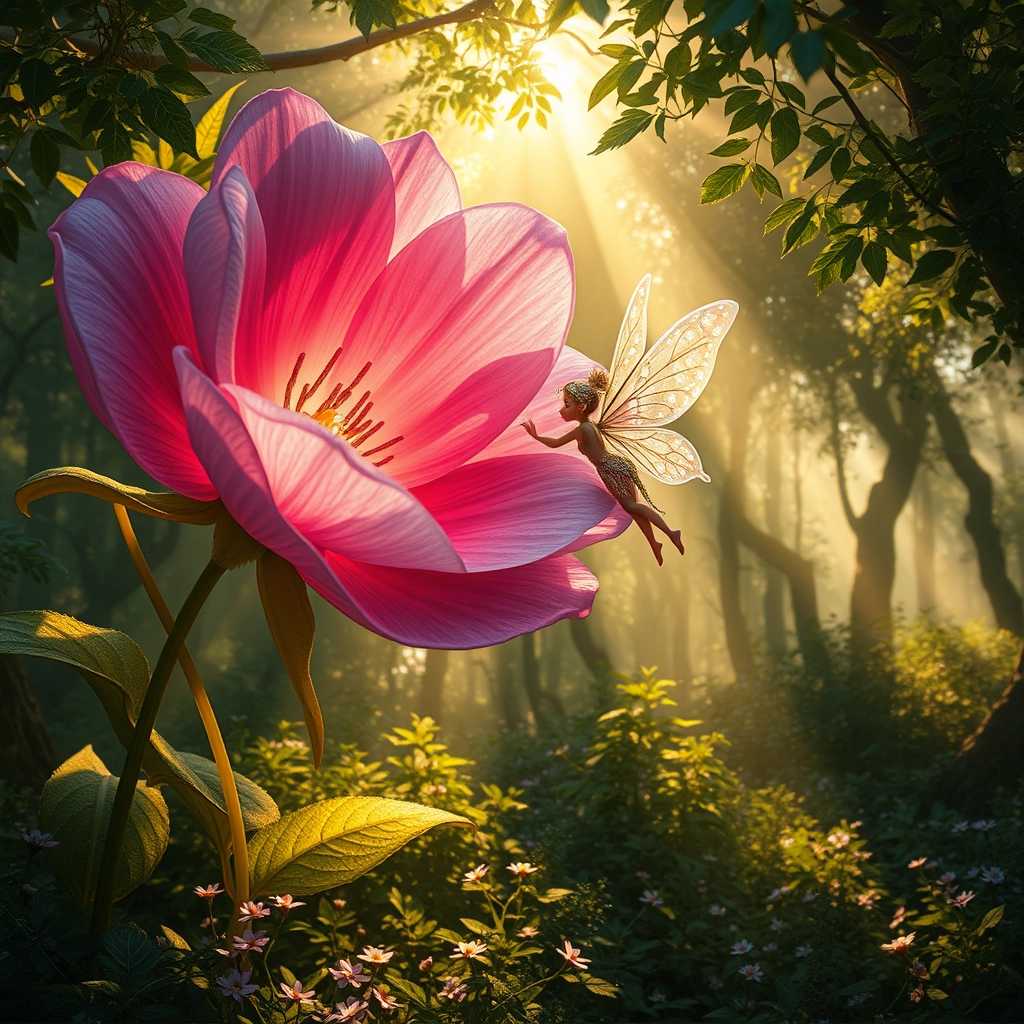 A whimsical scene featuring a delicate fairy with iridescent wings, gracefully hovering next to a colossal flower with vibrant petals adorned in shades of pink and purple. The fairy, with sparkling eyes and intricate, luminous attire, is gently leaning forward to inspect the flower's intricate interior, revealing shimmering pollen and soft, velvety textures. Surrounding this enchanting moment, the forest is bathed in the soft, golden light of dawn, with dew-kissed leaves glistening in the early morning mist. Sunbeams break through the canopy above, casting dappled shadows on the forest floor, which is carpeted with lush green foliage and tiny wildflowers. The mood is magical and serene, creating a sense of wonder and tranquility.