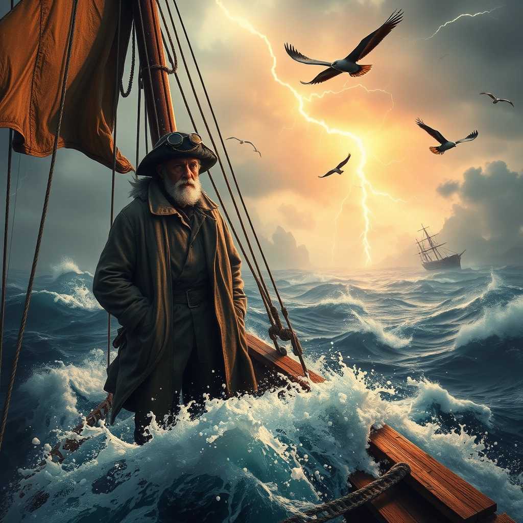 A dramatic seascape featuring an ancient mariner standing on a weathered, wooden ship with tattered sails, silhouetted against a stormy sky. The mariner, clad in a faded, salt-stained coat and a wide-brimmed hat, gazes out towards turbulent waves splashing against the ship's hull. His face displays a mixture of weariness and determination, with deep lines etched into his weather-beaten skin. Enigmatic seabirds circle overhead, their dark forms contrasting against flashes of distant lightning. In the background, ghostly shipwrecks and misty horizons hint at forgotten tales of the sea. The composition evokes a sense of mystery and adventure, capturing the essence of exploration and the struggles of a mariner lost in the vast ocean. The color palette includes deep blues, grays, and hints of ethereal greens, creating a moody and atmospheric scene reminiscent of classic maritime literature.