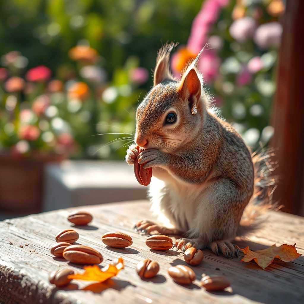 Squirrel with a Diamond Earring Enjoying a Pecan Snack