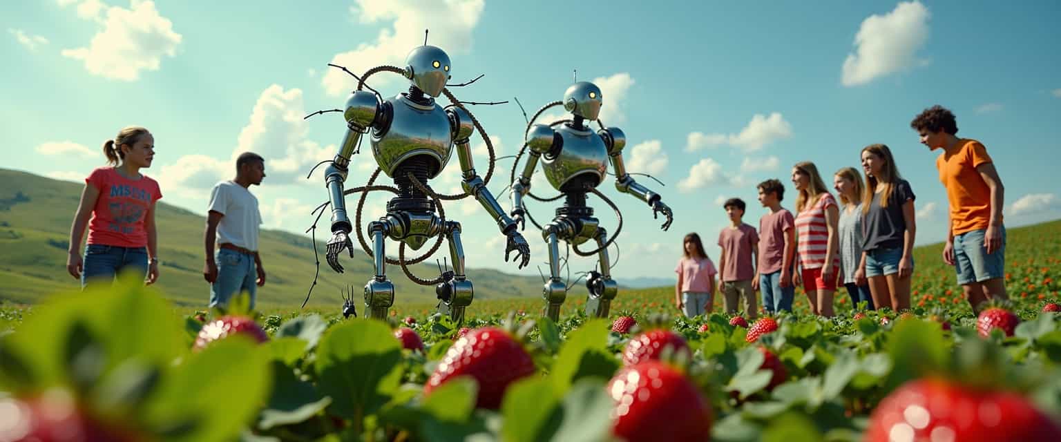 A surreal scene unfolds in a vibrant field of strawberries under a bright, blue sky, where lush green leaves fill the landscape. The strawberries are bursting with ripe, juicy red color, but as they transform into sleek, metallic robots, the texture shifts dramatically, revealing glimmers of chrome and intricate circuitry. The robots, with articulated limbs and glowing LED eyes, take on playful yet eerie postures, evoking a blend of wonder and dread. In the foreground, a group of onlookers - a mix of wide-eyed children and shocked adults - observe the bizarre transformation with expressions of horror and awe. Their faces reflect the bright sunlight, casting shadows on the ground while their vibrant clothing contrasts against the surreal metallic tones of the robots and strawberries. The mood is a mix of fascination and fear, enhanced by the juxtaposition of nature and technology, as tendrils of robotic vines extend from the strawberries, crawling ominously towards the spectators, creating a dreamlike but unsettling atmosphere. The background is filled with gentle rolling hills, further enhancing the surreal quality of this uncanny scene.