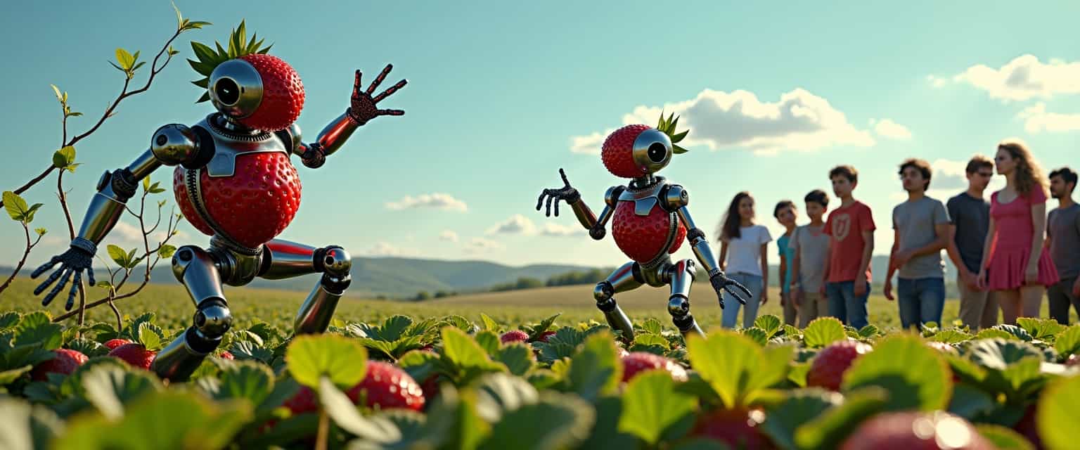 Strawberry Robots Entertain and Amaze Onlookers in a Bountiful Field
