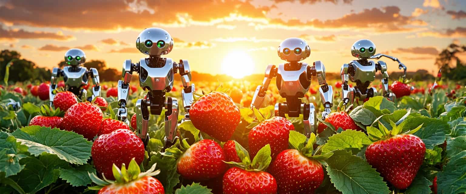 A whimsical scene depicting sleek, futuristic robots emerging from a vibrant field of ripe strawberries. The sun is setting in the background, casting a warm golden hue that contrasts beautifully with the rich red of the strawberries. The robots, designed with smooth metallic surfaces and intricate details, sport various features like glowing eyes and articulated limbs, showcasing their advanced technology. They are partially hidden among the lush, green leaves of the strawberry plants, with dew drops glistening on the fruits. In the sky, wispy clouds catch the light of the sunset, creating a dreamy atmosphere. The overall composition is dynamic, blending elements of nature and technology seamlessly, evoking a sense of wonder and curiosity. The scene feels lively and hopeful, suggesting a harmonious coexistence between nature and innovation.