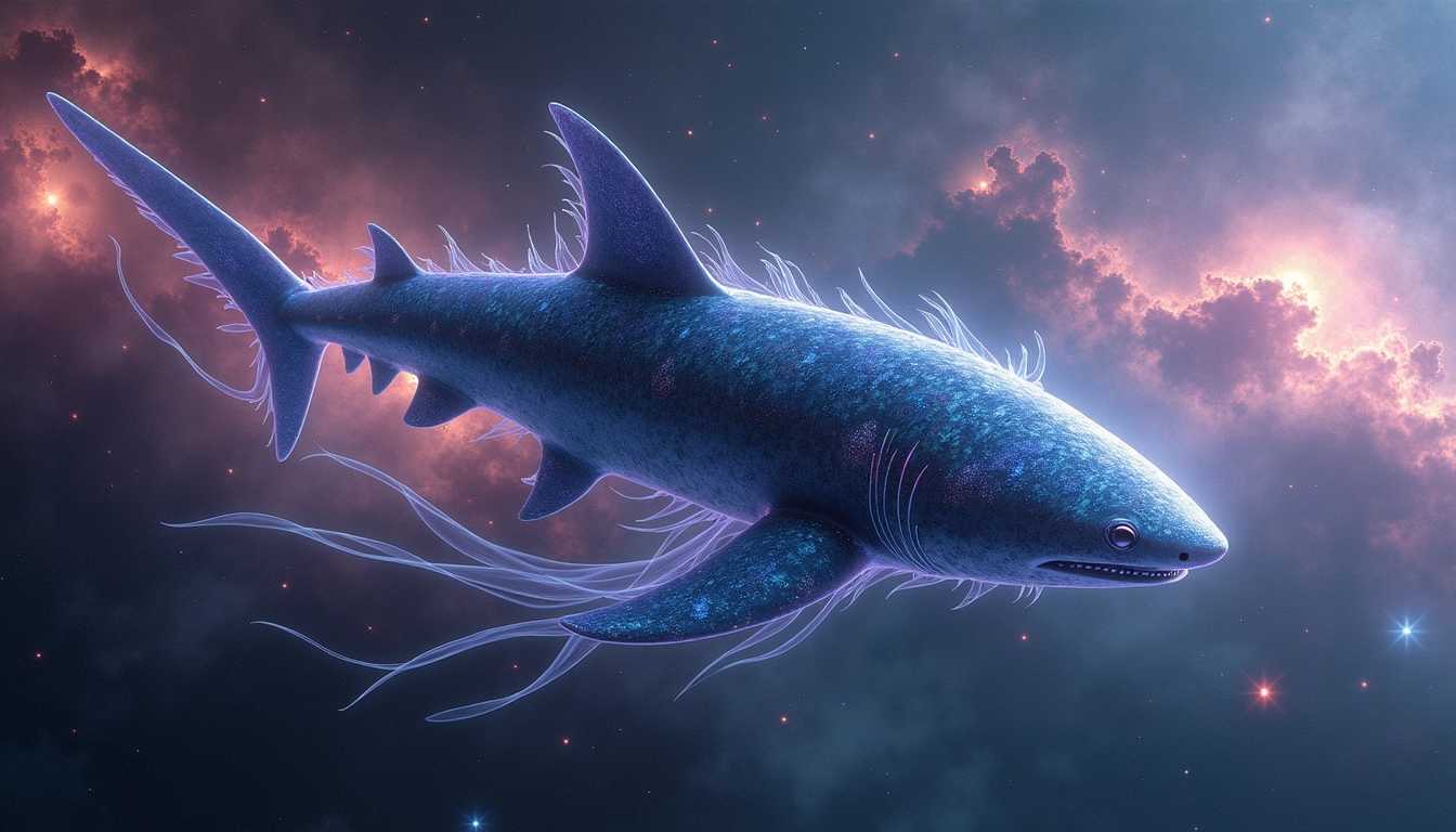 A colossal alien creature gliding gracefully through the depths of space, embodying a mesmerizing fusion of a shark and a jellyfish. Its sleek, streamlined body resembles that of a shark, covered in iridescent scales that shimmer in hues of deep blues and purples, reflecting the light of distant stars. Flowing, ethereal jellyfish-like tentacles trail behind it, luminescent and translucent, pulsating gently with vibrant colors that mimic the swirling patterns of bright nebulae. The backdrop is a breathtaking cosmic vista, filled with swirling galaxies, vibrant nebulae in shades of pink and orange, and sparkling star clusters, creating a surreal and awe-inspiring atmosphere. Soft, ethereal light bathes the scene, imbuing it with a sense of tranquility and wonder, capturing the vastness of space and the majesty of this otherworldly creature in its serene journey through the cosmos.