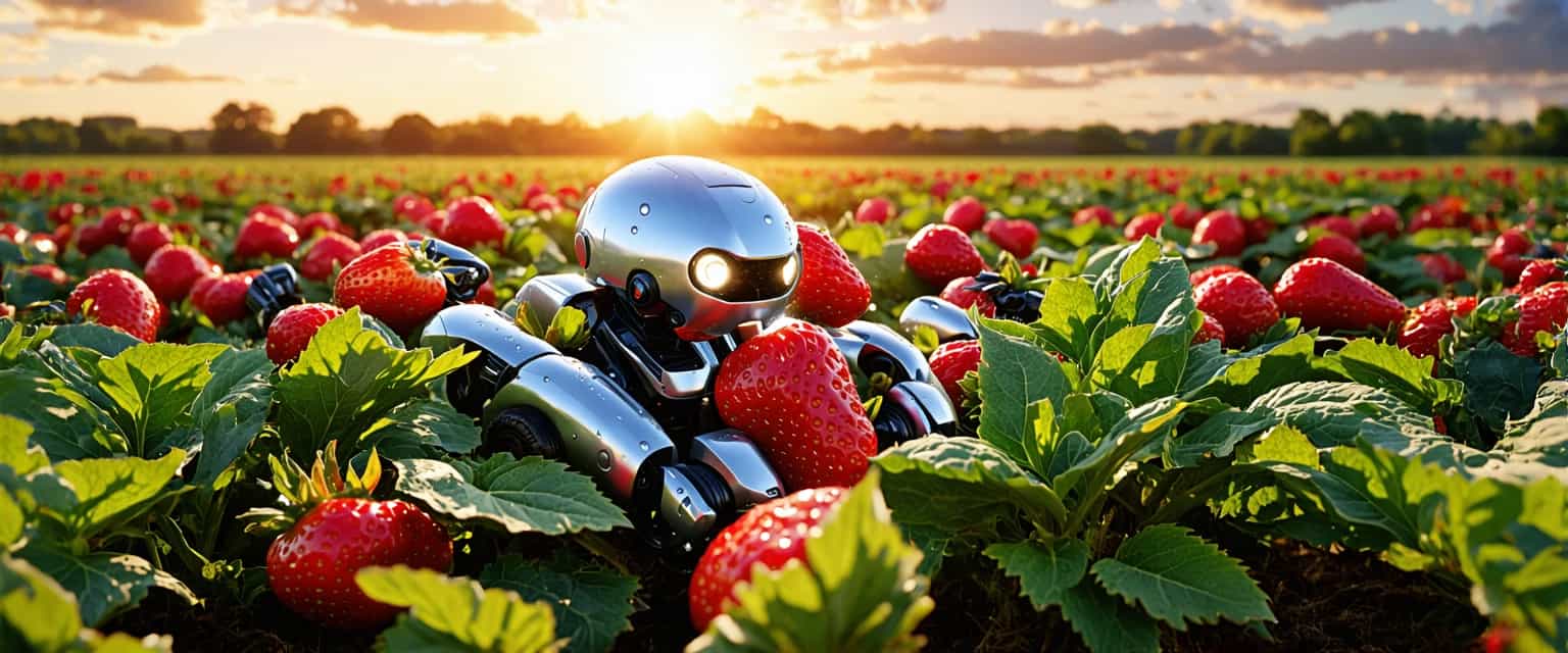 A whimsical scene depicting sleek, futuristic robots emerging from a vibrant field of ripe strawberries. The sun is setting in the background, casting a warm golden hue that contrasts beautifully with the rich red of the strawberries. The robots, designed with smooth metallic surfaces and intricate details, sport various features like glowing eyes and articulated limbs, showcasing their advanced technology. They are partially hidden among the lush, green leaves of the strawberry plants, with dew drops glistening on the fruits. In the sky, wispy clouds catch the light of the sunset, creating a dreamy atmosphere. The overall composition is dynamic, blending elements of nature and technology seamlessly, evoking a sense of wonder and curiosity. The scene feels lively and hopeful, suggesting a harmonious coexistence between nature and innovation.