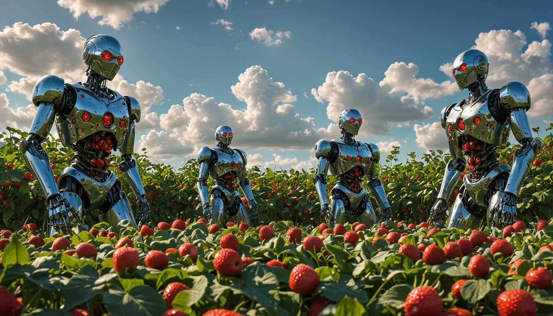 A vivid scene of shiny, futuristic robots emerging from lush, green strawberry fields. The robots have sleek metallic bodies reflecting sunlight, surrounded by vibrant red strawberries glistening with morning dew. Bright blue sky and fluffy clouds overhead create an inviting mood, while soft light enhances the colors of the strawberries and the robots' surfaces.
