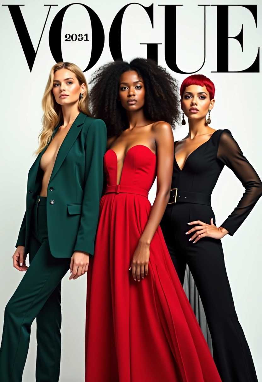 Create a striking Vogue magazine cover featuring three women in a dynamic pose, showcasing a diverse and powerful vibe. The first woman is a stunning blonde with sleek, straight hair, wearing a tailored, modern outfit that embodies high fashion. The second woman is a captivating brunette with voluminous curls, dressed in an elegant, flowing dress that complements her figure and exudes confidence. The third woman, a fiery redhead, sports an edgy, cropped hairstyle and is adorned in a chic, statement-making ensemble with bold accessories. The trio stands together against a minimalist, high-fashion backdrop that emphasizes their fierce expressions and determined gazes. Incorporate vibrant colors and luxurious textures to enhance the visual impact. The magazine title "Vogue" should feature prominently at the top in sleek, stylish font. Overall, the composition should evoke a sense of empowerment, sisterhood, and sophistication.
