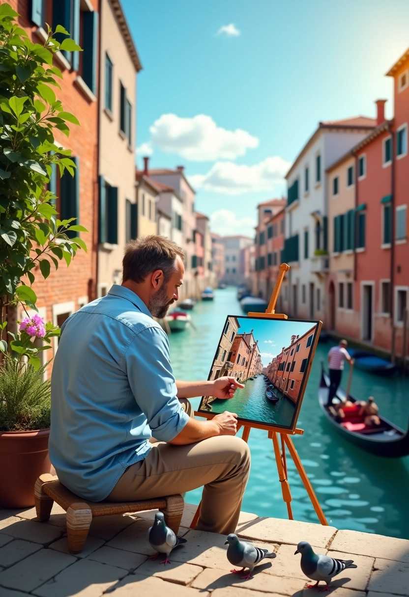 A man in his mid-30s, dressed casually in a light blue shirt and beige trousers, is sitting on a small easel along the edge of a picturesque canal in Venice, Italy. He is intently focused on his canvas, which captures the vibrant colors of the iconic Venetian buildings reflected in the shimmering waters. The scene is bathed in the warm golden light of a late afternoon sun, casting soft shadows and creating a serene atmosphere. Surrounding him are lush green plants and a few curious pigeons, adding life to the scene. In the background, a classic gondola glides through the canal, with its gondolier dressed in traditional striped attire. The sky is a clear azure with wisps of white clouds, enhancing the tranquil mood of this beautiful moment in Venice. The painting on the canvas is a beautiful blend of blues, terracotta, and soft pastels, showcasing the artist's skill and passion for his craft. The overall composition radiates an air of creativity and inspiration, evoking a sense of timeless beauty in one of the world's most romantic cities.