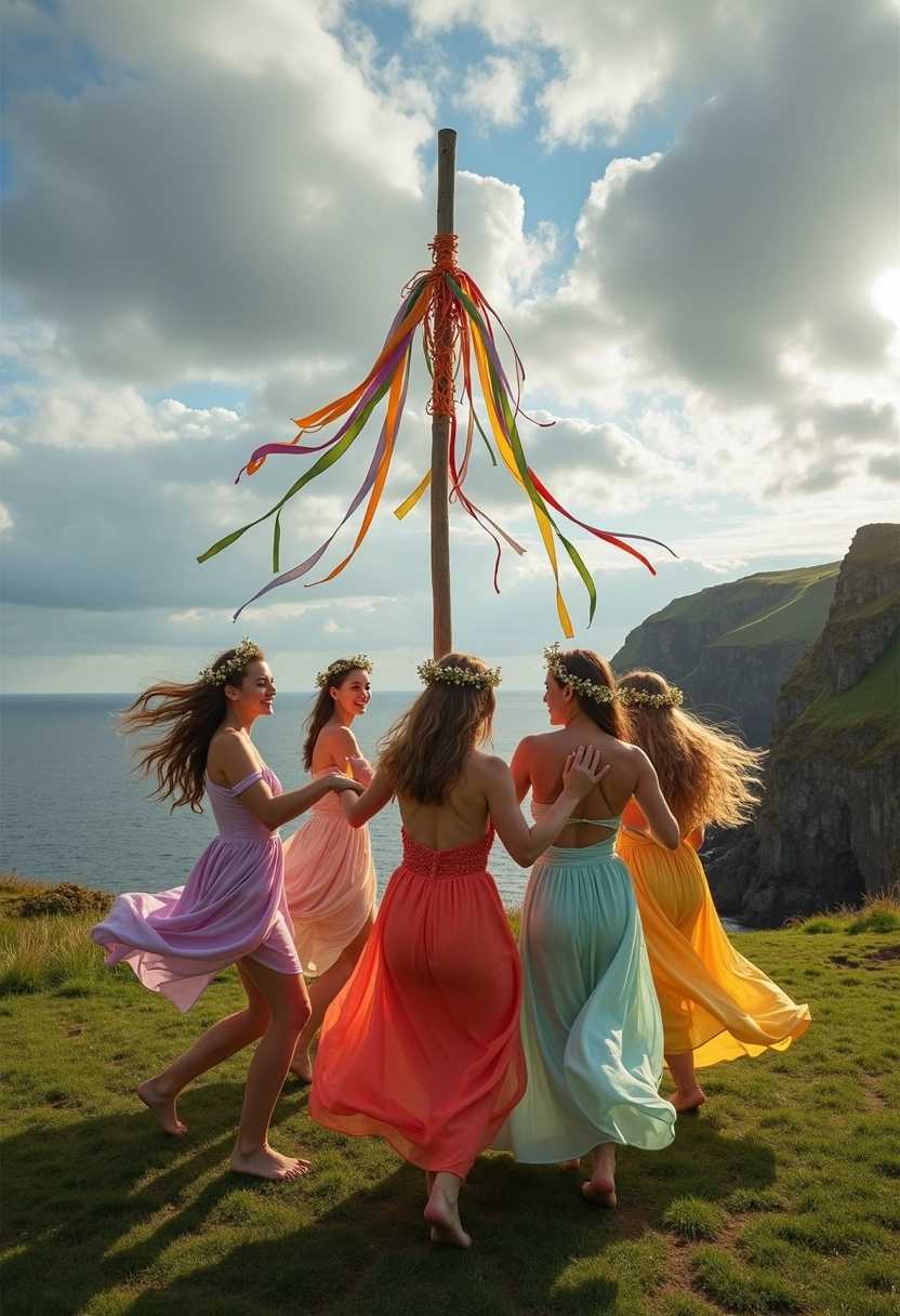 A vibrant scene on a remote Scottish island, featuring a group of four to six scantily dressed women joyfully dancing around a traditional maypole. The women, with flowing hair adorned with wildflowers, wear colorful, ethereal outfits made from soft, natural fabrics that sway with their movements. Each dancer has a distinct style, reflecting their personalities and heritage, blending traditional Scottish elements with a modern twist. 

The background showcases rugged cliffs and the lush green landscape typical of the Scottish Isles, with a dramatic sky overhead, full of swirling clouds that hint at an approaching sunset. The maypole, adorned with ribbons in various bright hues, stands tall in the center, with some ribbons trailing and fluttering in the light breeze. The mood is celebratory and whimsical, infused with a sense of freedom and connection to nature, while the salty ocean air adds to the scene's authenticity. The composition captures movement and energy, focusing on the dancers’ expressions of joy and exhilaration, with the picturesque scenery providing a stunning backdrop.