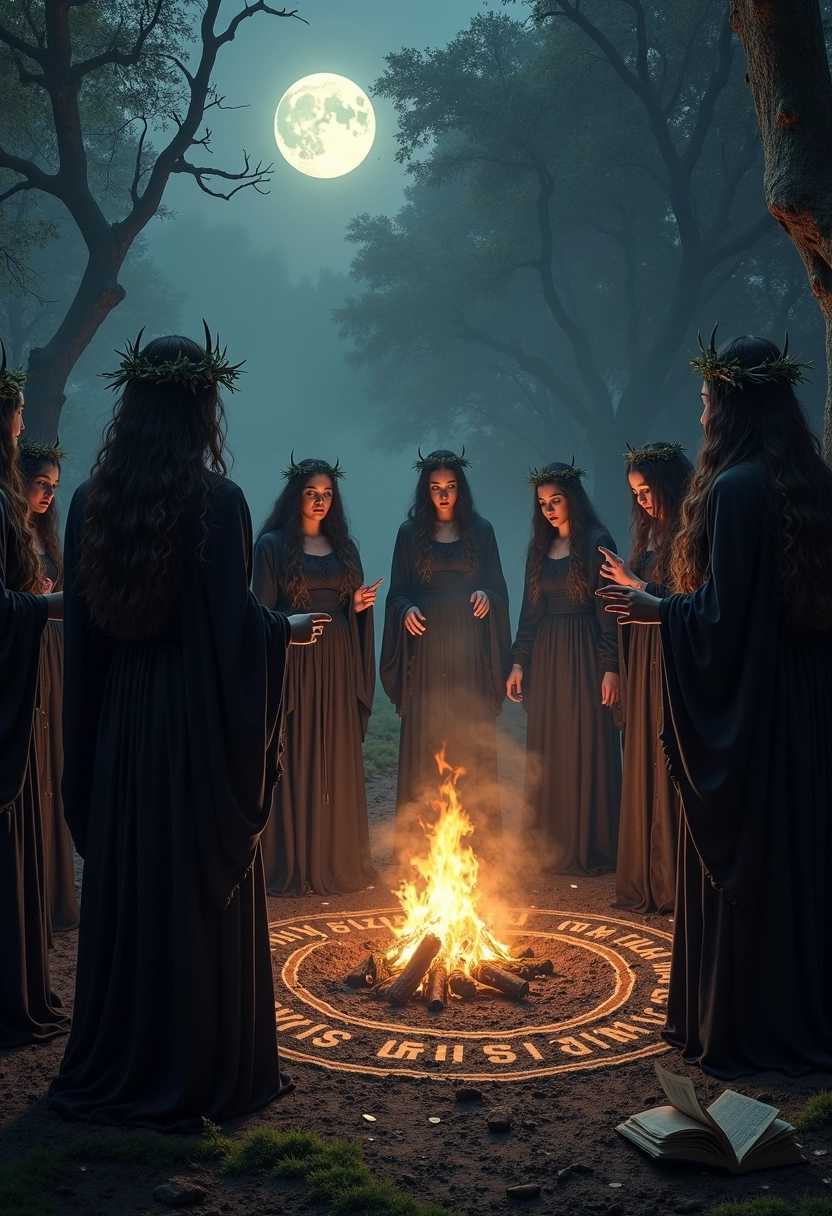 A dark, atmospheric scene set in a dense, shadowy forest at midnight, where a group of witches clad in flowing, tattered robes gathers around a flickering bonfire. The moon hangs low in the sky, casting an eerie glow on their faces, revealing furtive expressions of concentration and power. Ancient runes are etched into the earth around the fire, glowing with a faint, otherworldly light. In the center of the circle, an ominous portal swirls with dark energies, pulling in tendrils of mist from the ground, hinting at a demonic presence awaiting emergence. The witches, some with long, tangled hair adorned with leaves and bones, extend their arms towards the portal, chanting in unison. Beside them, a grimoire lies open, its pages fluttering as if caught in a supernatural wind. The mood is tense and foreboding, with shadows dancing around the scene, suggesting a powerful, malevolent force stirring within the darkness. Elements of gothic horror and dark fantasy fill the image, emphasizing the ritualistic and mystic atmosphere of this black mass.