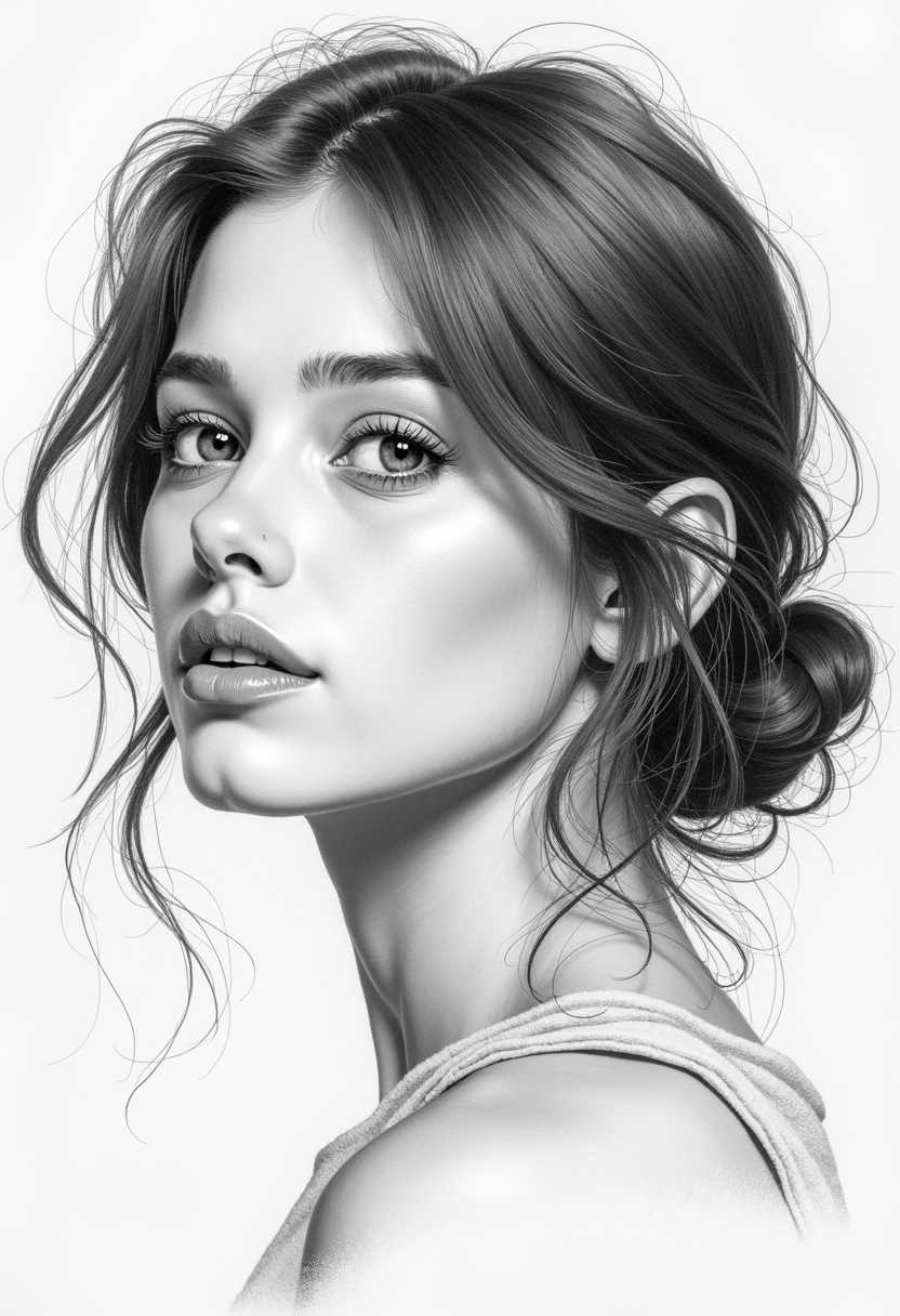 a black and white pencil sketch portrait of a young woman 