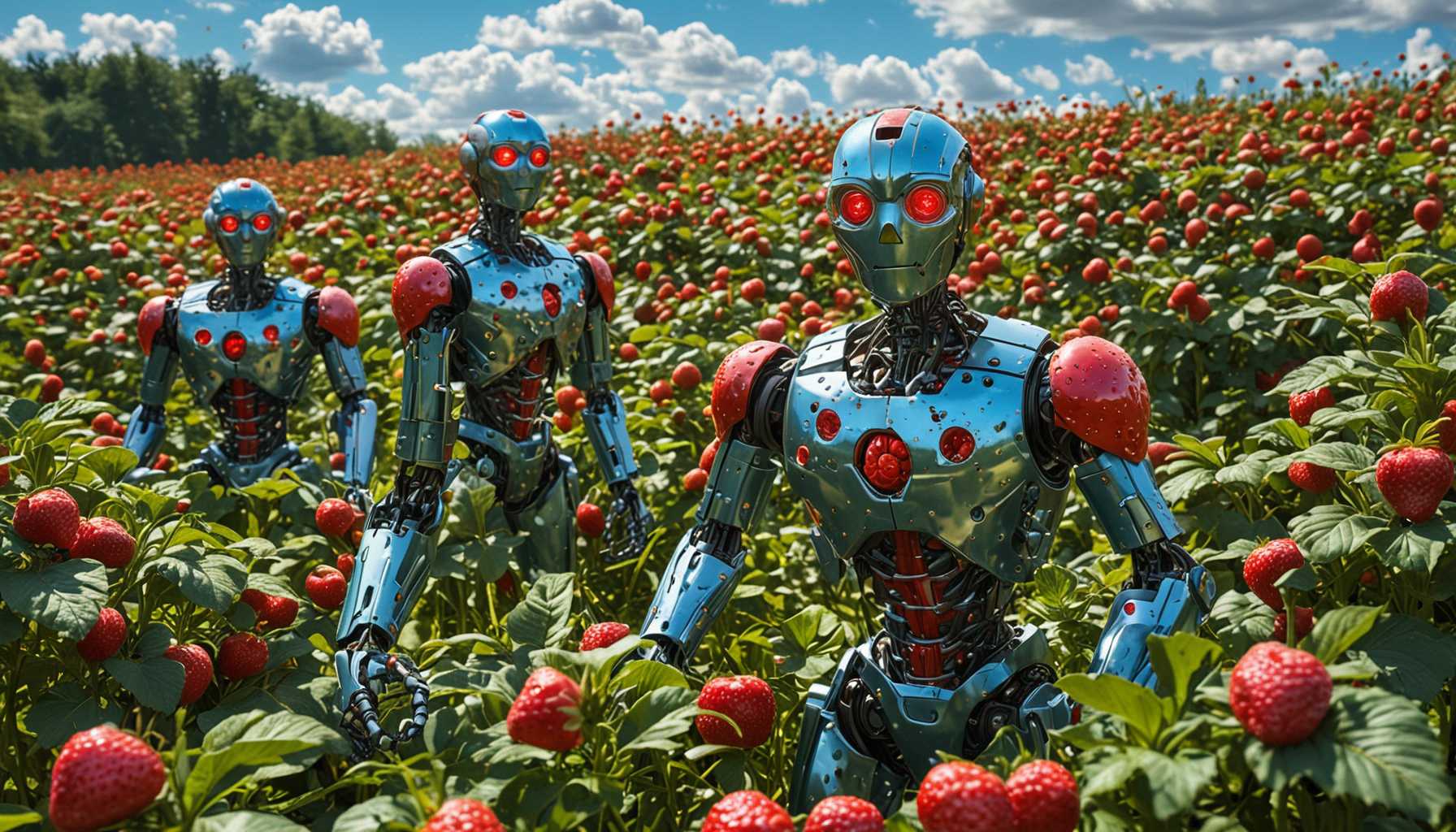 A vivid scene of shiny, futuristic robots emerging from lush, green strawberry fields. The robots have sleek metallic bodies reflecting sunlight, surrounded by vibrant red strawberries glistening with morning dew. Bright blue sky and fluffy clouds overhead create an inviting mood, while soft light enhances the colors of the strawberries and the robots' surfaces.