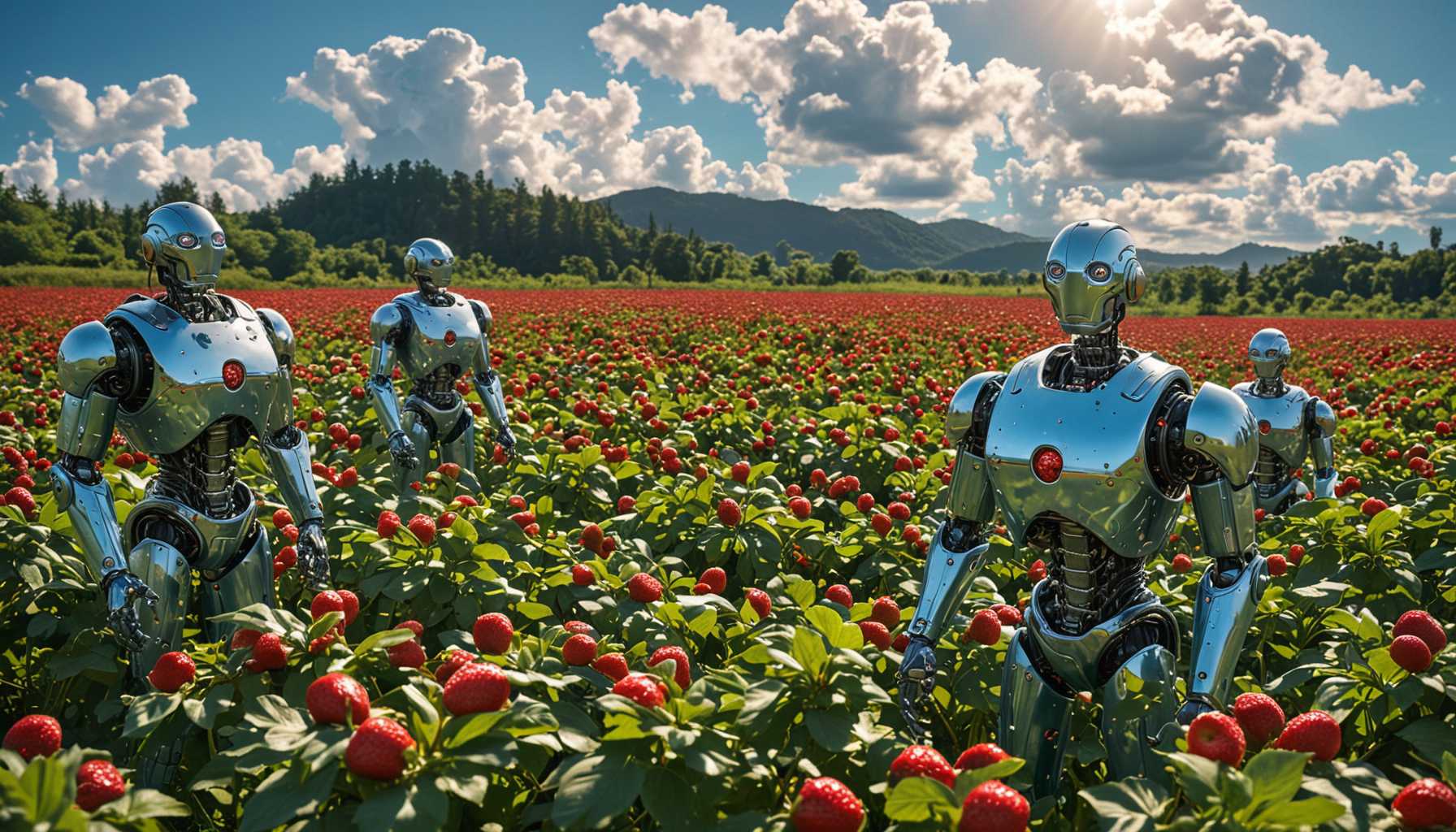A vivid scene of shiny, futuristic robots emerging from lush, green strawberry fields. The robots have sleek metallic bodies reflecting sunlight, surrounded by vibrant red strawberries glistening with morning dew. Bright blue sky and fluffy clouds overhead create an inviting mood, while soft light enhances the colors of the strawberries and the robots' surfaces.