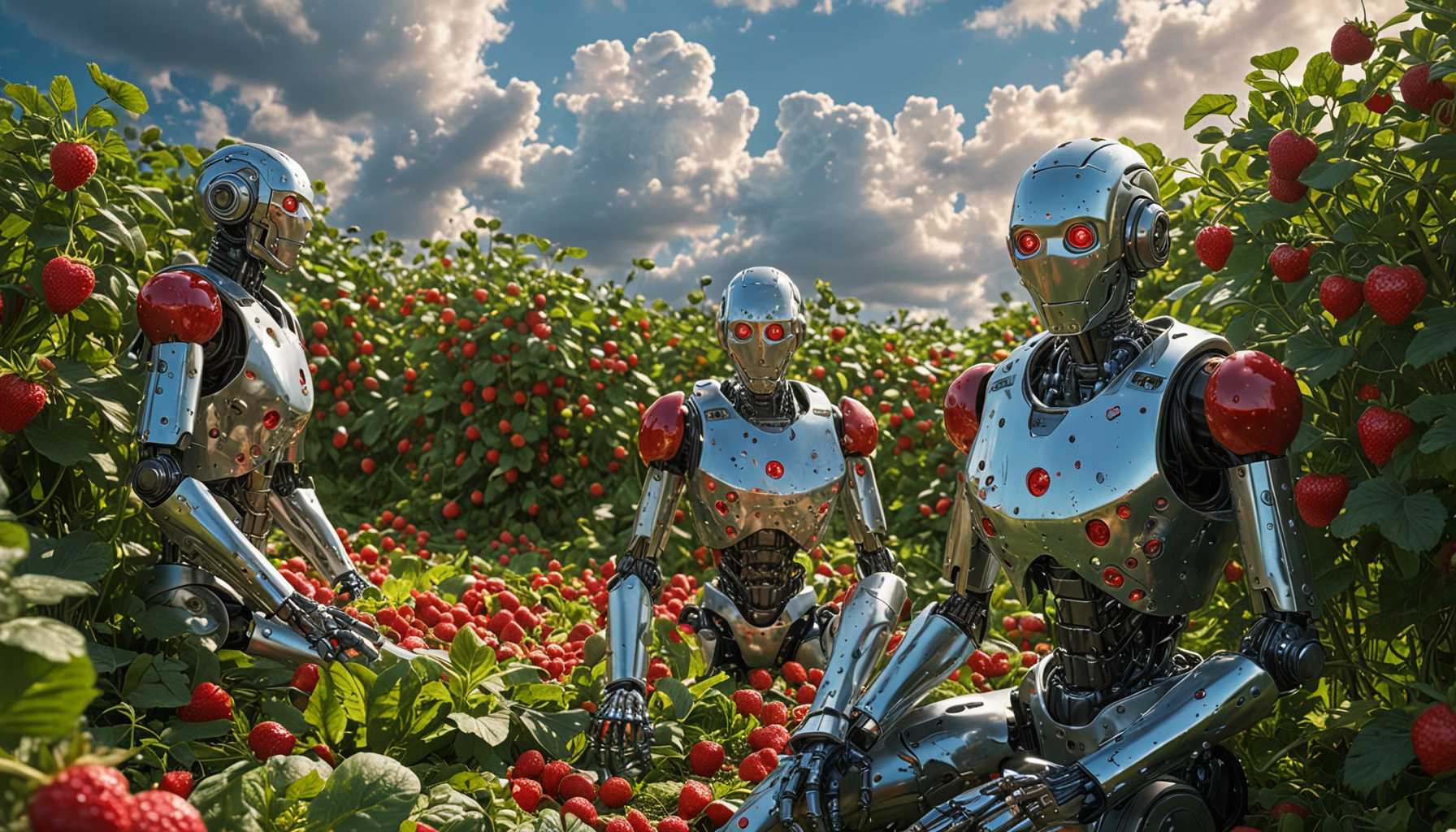 A vivid scene of shiny, futuristic robots emerging from lush, green strawberry fields. The robots have sleek metallic bodies reflecting sunlight, surrounded by vibrant red strawberries glistening with morning dew. Bright blue sky and fluffy clouds overhead create an inviting mood, while soft light enhances the colors of the strawberries and the robots' surfaces.