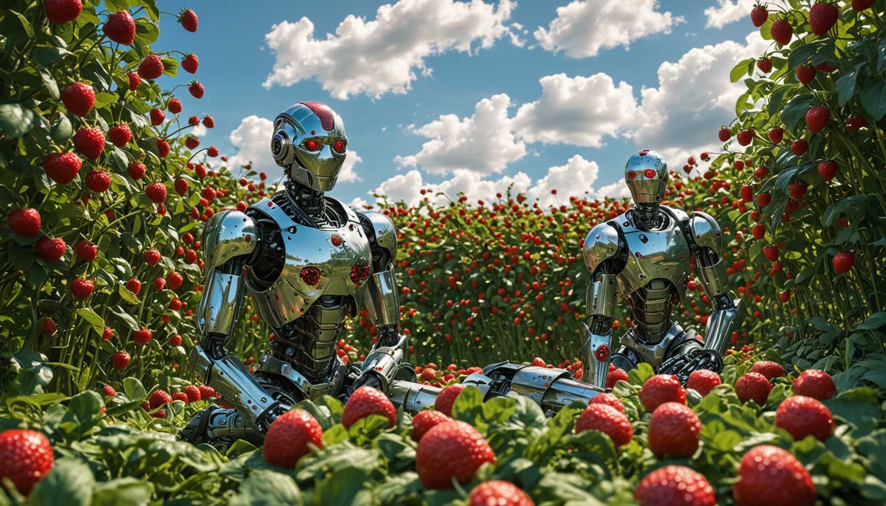 A vivid scene of shiny, futuristic robots emerging from lush, green strawberry fields. The robots have sleek metallic bodies reflecting sunlight, surrounded by vibrant red strawberries glistening with morning dew. Bright blue sky and fluffy clouds overhead create an inviting mood, while soft light enhances the colors of the strawberries and the robots' surfaces.