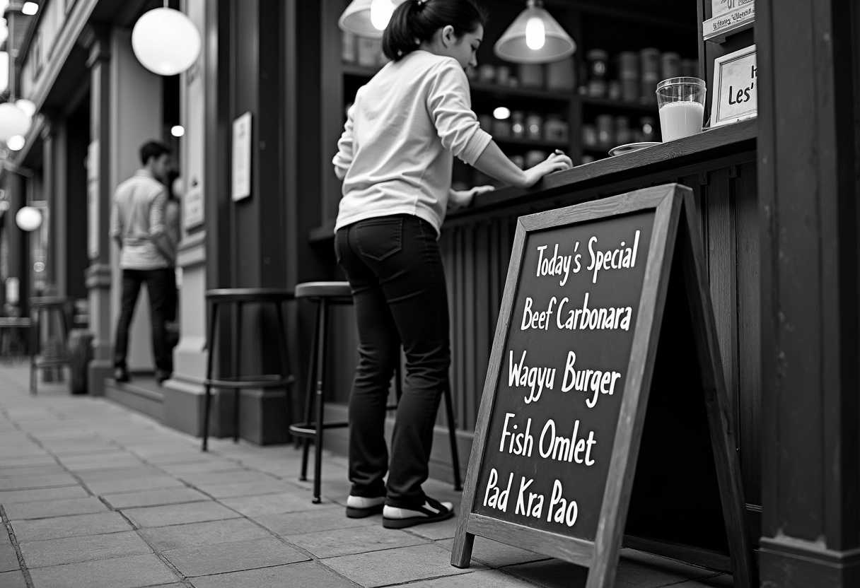 street photography, black and white, a candid photo captures the moment a waitress put a chalkboard on the floor in front of a small restaurant, on a chalkboard there are lists of menu "Today's Special, Beef Carbonara, Wagyu Burger, Fish Omelet, Pad Kra Pao"