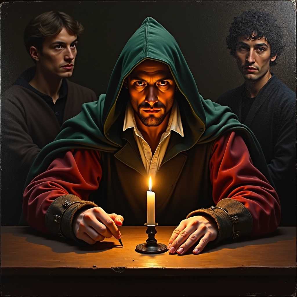 An oil painting on canvas in the style of the Old Masters, particularly influenced by Caravaggio's dramatic use of light. The scene captures a clandestine meeting in a dimly lit 17th-century tavern. A single, strong source of light from a candle on the table illuminates the central figure, a rogue with sharp features, clad in a velvet cloak, his face half-hidden in shadow, displaying an expression of cunning. Around him, the background fades into darkness, with faint outlines suggesting other patrons lost in their own conspiracies. The colors are rich and deep; burgundy reds, emerald greens, and the golden glow of candlelight against dark browns. The texture of the paint should mimic the smooth blending of oils, with thick impasto for the light hitting the fabric folds, creating a tactile sense of depth and realism. This image should evoke a sense of mystery, danger, and the opulence of Baroque art, where every stroke contributes to the narrative of light versus shadow