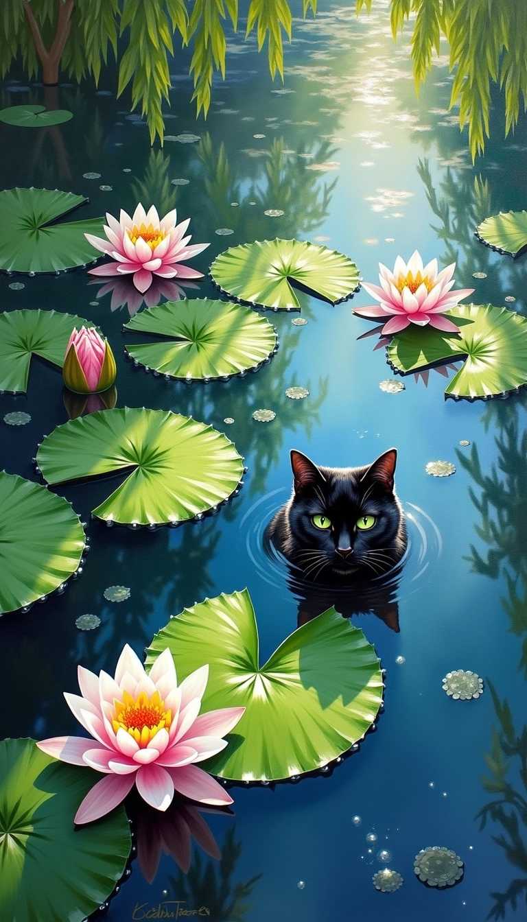An Impressionist oil painting in the style of Claude Monet's iconic Water Lilies series, depicting a serene pond awash in the dappled light of a summer afternoon. Lush green lily pads, their surfaces textured with delicate veins and shimmering droplets of water, float serenely on the mirror-like surface of the pond. The water itself is a symphony of blues and greens, reflecting the shifting hues of the sky above and the vibrant flora surrounding the pond. Delicate water lilies in various stages of bloom, their petals rendered in soft brushstrokes of white, pink, and yellow, add splashes of color to the tranquil scene. Subtle reflections of willow trees and fluffy clouds dance across the water's surface, creating an ethereal and dreamlike atmosphere. However, hidden amongst the lily pads, almost completely submerged and blending seamlessly with the dark water and shadows, lies a sleek black cat, its piercing green eyes the only giveaway to its presence. This hidden figure adds a touch of mystery and playful intrigue to the otherwise peaceful scene, inviting the viewer to linger and explore the hidden depths of the canvas. The overall effect is one of tranquility and beauty, imbued with a subtle touch of whimsy and surprise, characteristic of Monet's masterful capturing of fleeting moments in nature. The soft, diffused light and the textured brushstrokes create a sense of movement and depth, drawing the viewer into the captivating world of the water lilies and their hidden feline observer.